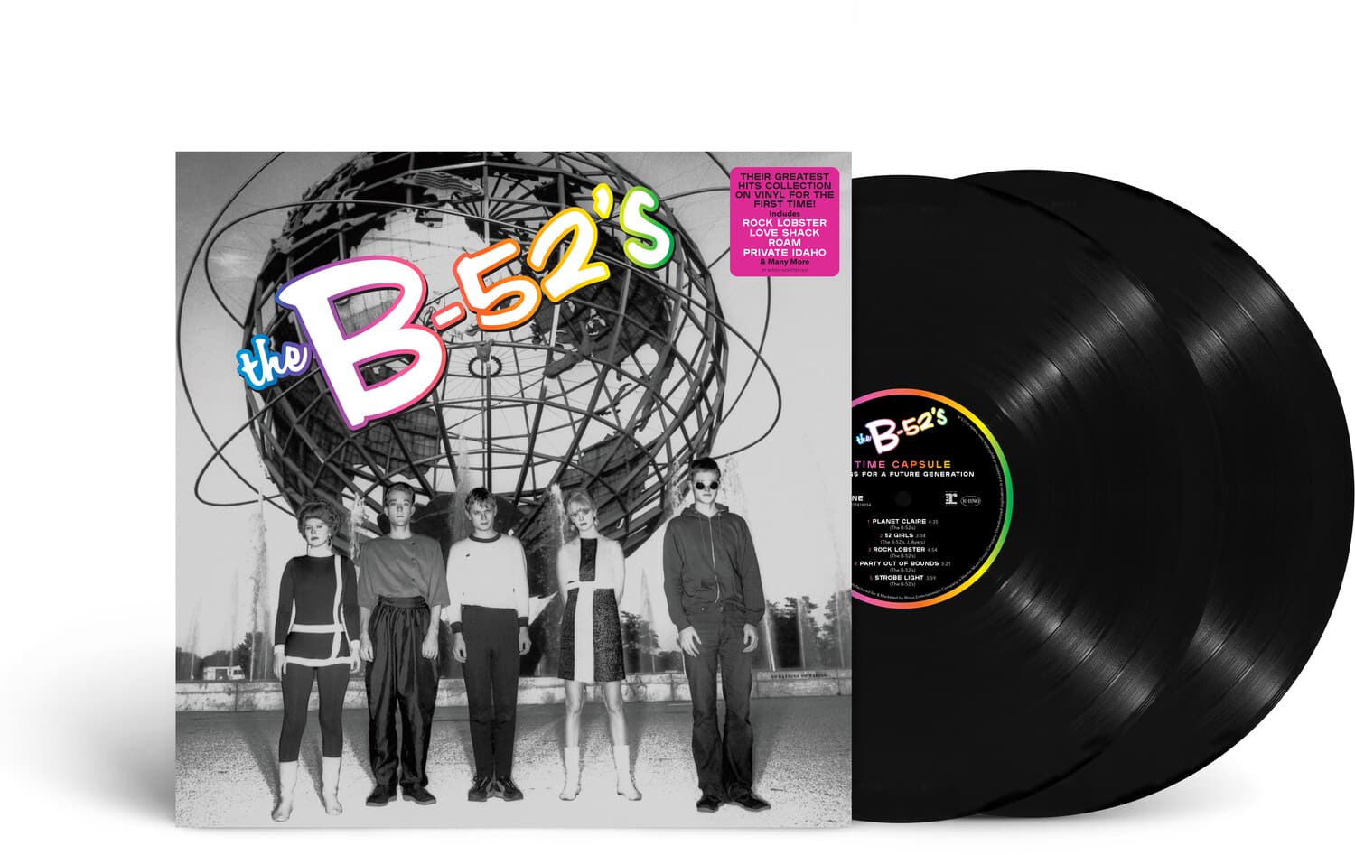 **Front Cover:**

- **the B-52's**

**Back Cover:**

- **THEIR GREATEST HITS COLLECTION ON VINYL FOR THE FIRST TIME!**
  - ROCK LOBSTER
  - LOVE SHACK
  - ROAM
  - PRIVATE IDAHO
  - & Many More!

**Vinyl Label:**

- **the B-52's**
- **TIME CAPSULE**
- **FOR A FUTURE GENERATION**
- **SIDE A**
  - PLANET CLAIRE
  - ROCK LOBSTER
  - LOVE SHACK
  - ROAM
- **SIDE B**
  - PRIVATE IDAHO
  - & Many More!