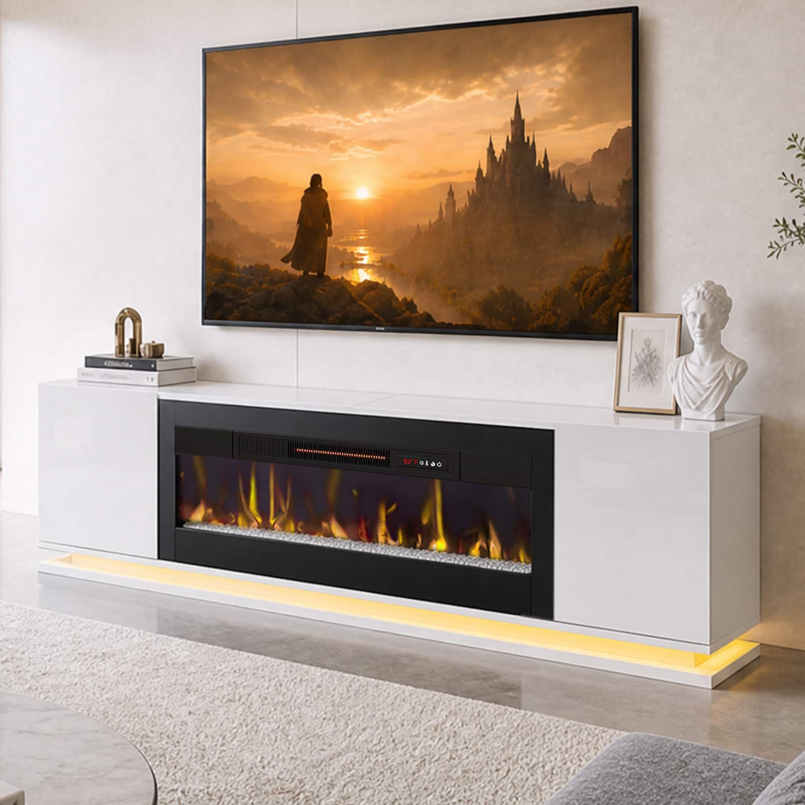 Front. Bestier - 70'' Electric Fireplace TV Stand, Fireplace Entertainment Center with Floating LED and Outlets for Living Room TV Stand - White.