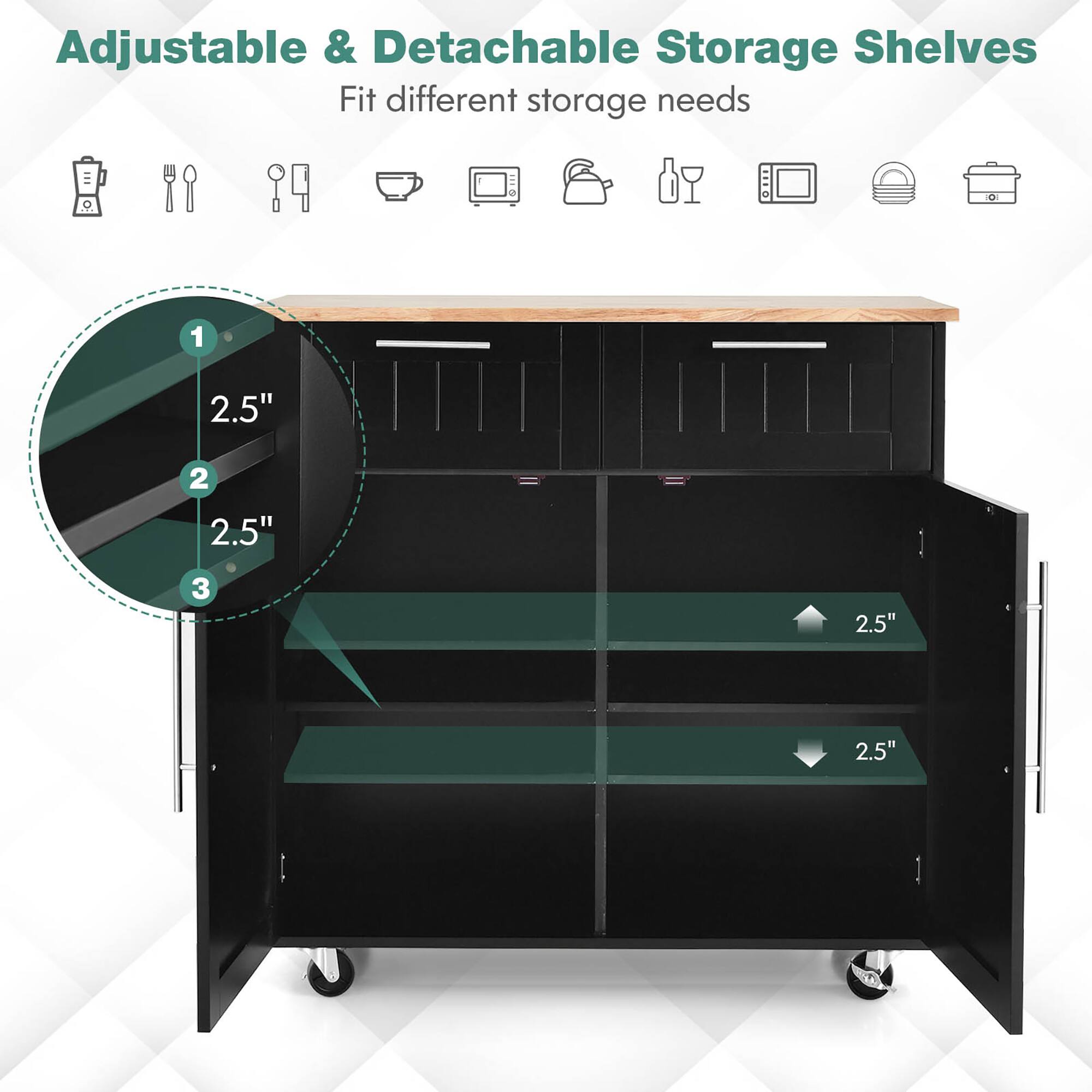 Adjustable & Detachable Storage Shelves  
Fit different storage needs  

1. 2.5"  
2. 2.5"  
3. 2.5"  
2.5"  
2.5"