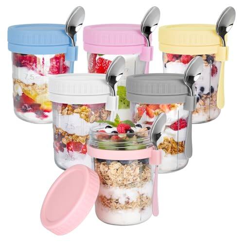 Fabibe - 6 Pack Overnight Oats Containers with Lids and Spoons 16 OZ Glass Mason Jars Large Capacity Airtight for Milk Cereal - 6 Colors