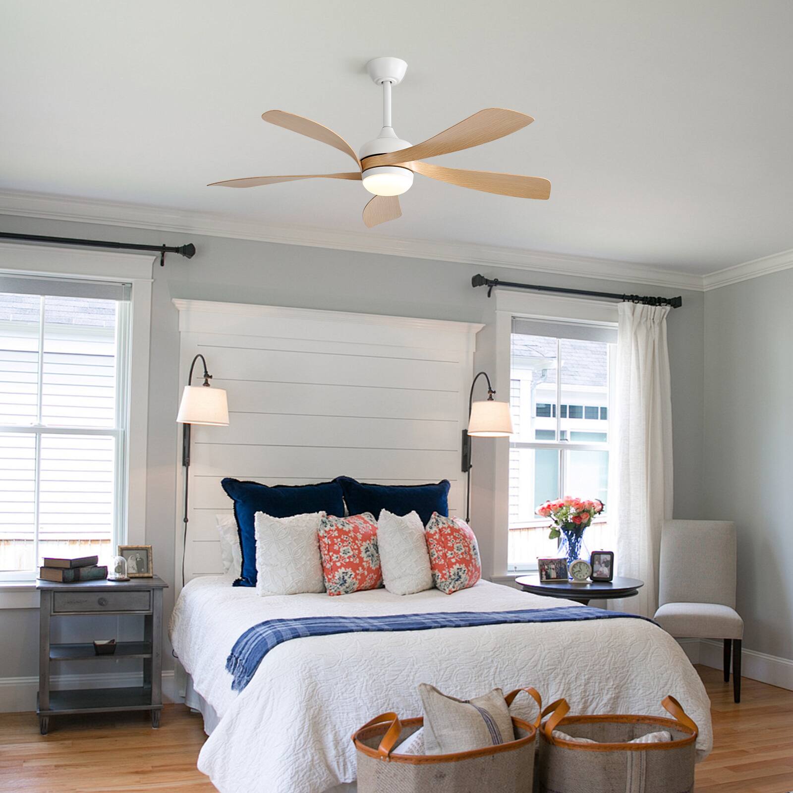 Alt View 6. Sofucor - 45''/52" Smart Ceiling Fan With LED Light and Remote Work with Alexa/Google/App 6-Speed Timing Reversible Indoor/Outdoor - 45inch - White - Light Brown.