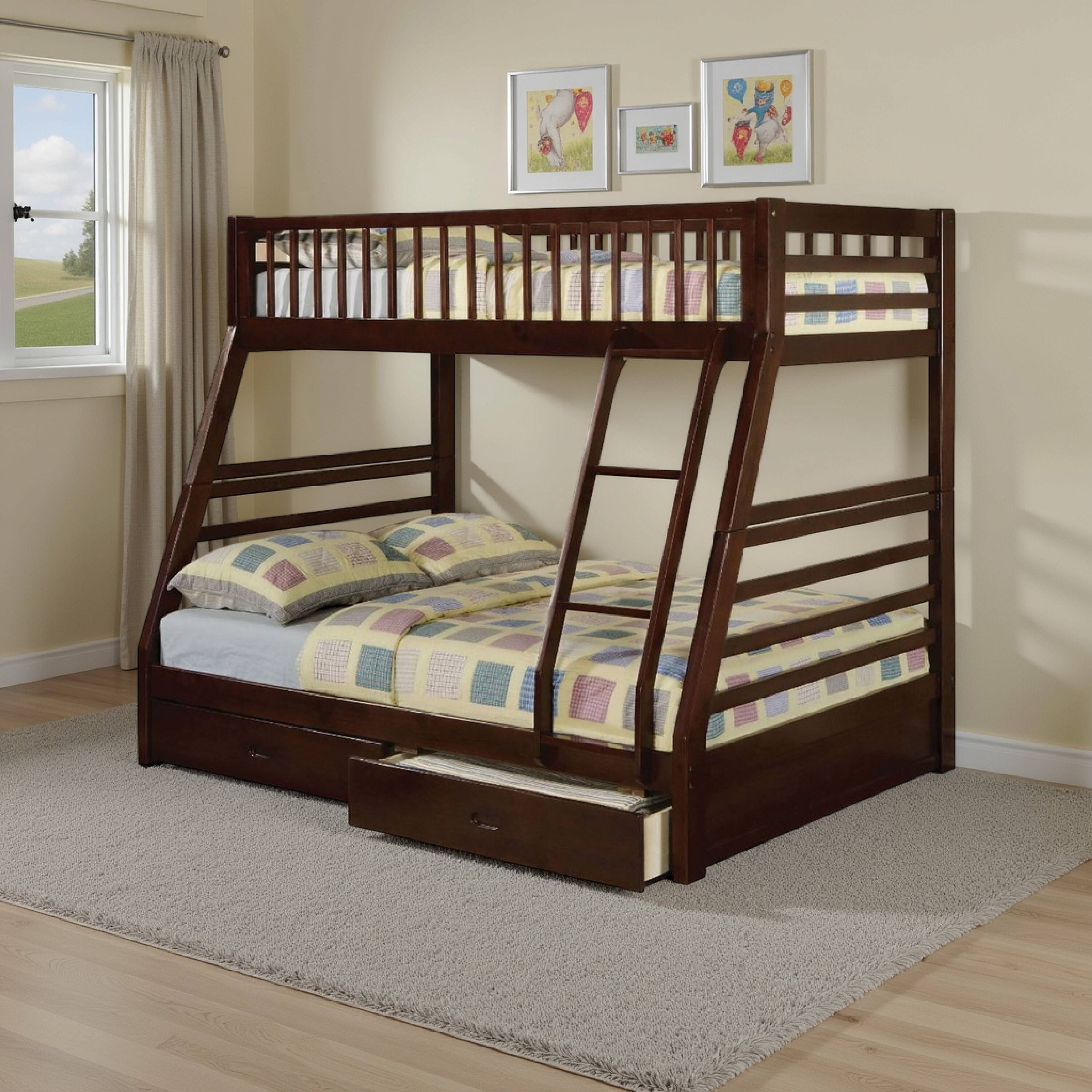 Alt View 5. Manhattan Lane - Cleo Twin Over Full Bunk Bed, Espresso Brown Pine Wood, Slatted Design - Brown.