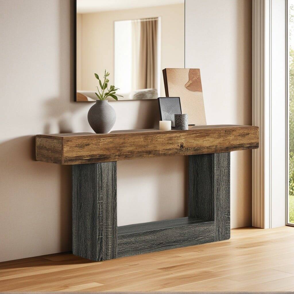 Angle. Kadyn - Kadyn Brown Wooden Console Table, Stylish Entryway Display, Sofa Side Table, Living Room Home Decor, Brown & Black - Brown.