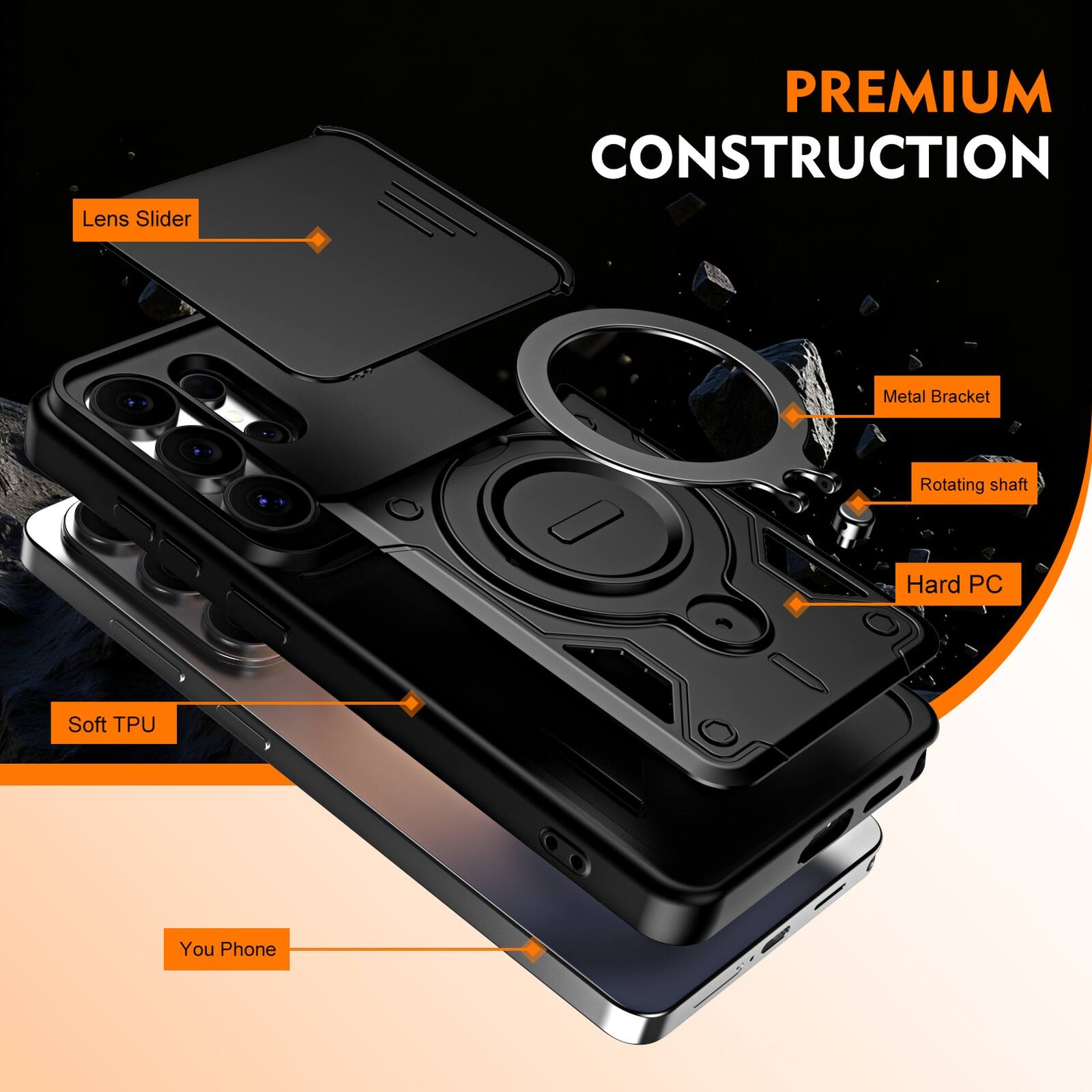 Lens Slider  
PREMIUM CONSTRUCTION  
Metal Bracket  
Rotating shaft  
Hard PC  
Soft TPU  
You Phone