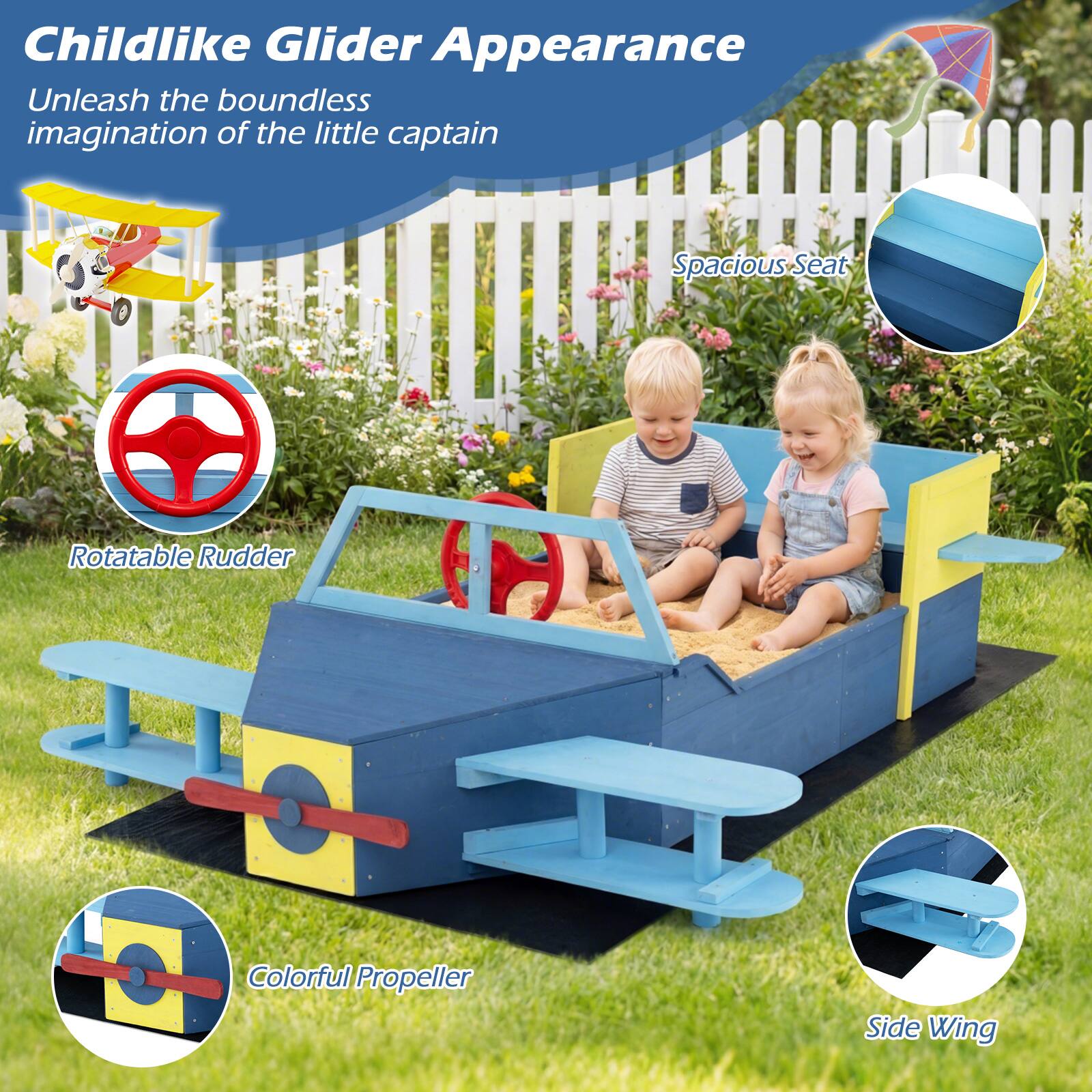 Childlike Glider Appearance  
Unleash the boundless imagination of the little captain  

- Spacious Seat  
- Rotatable Rudder  
- Colorful Propeller  
- Side Wing