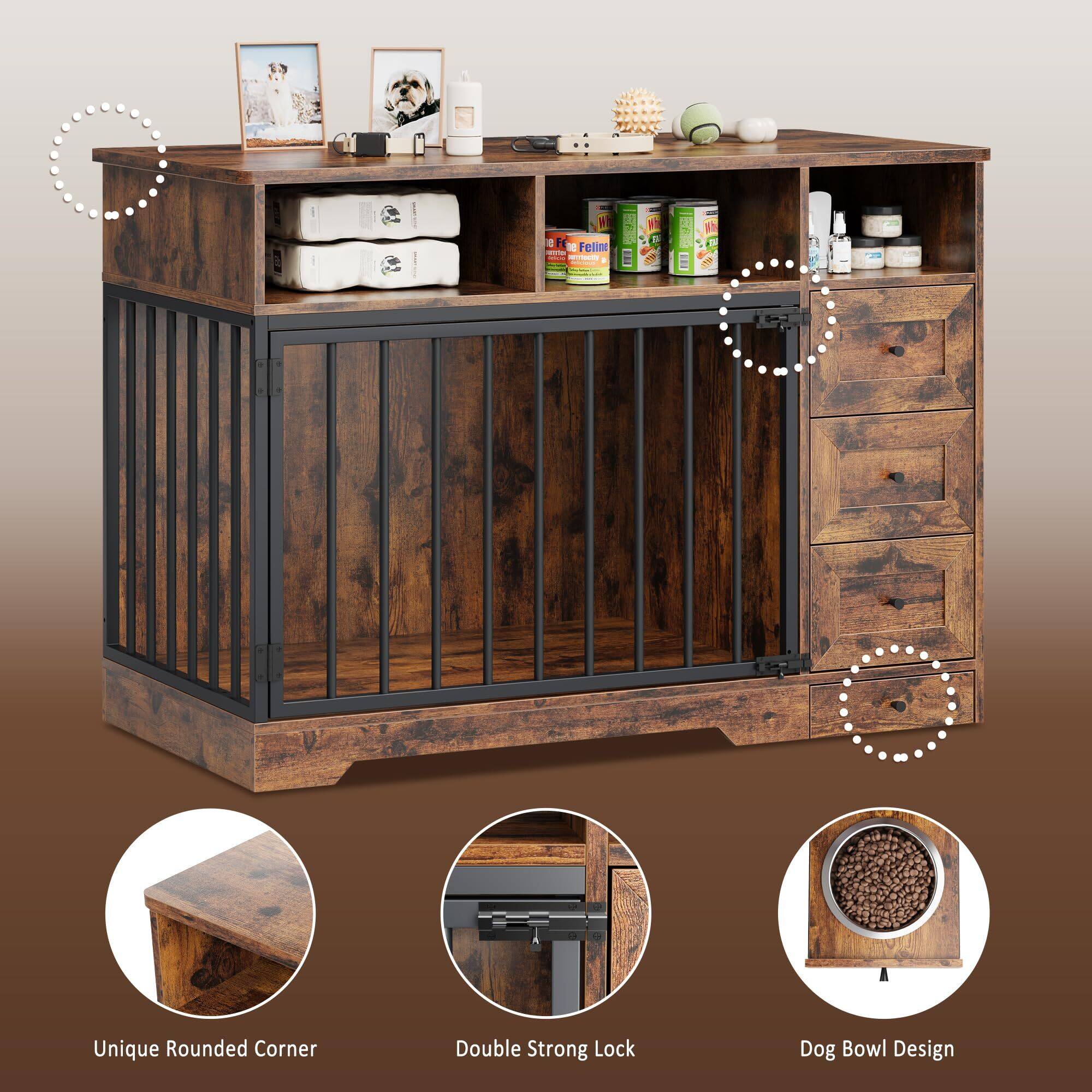 Alt View 3. Acekool - 48 Inch Dog Crate Furniture, Wooden Kennel Table with Bowl & Storage Drawers - Brown.