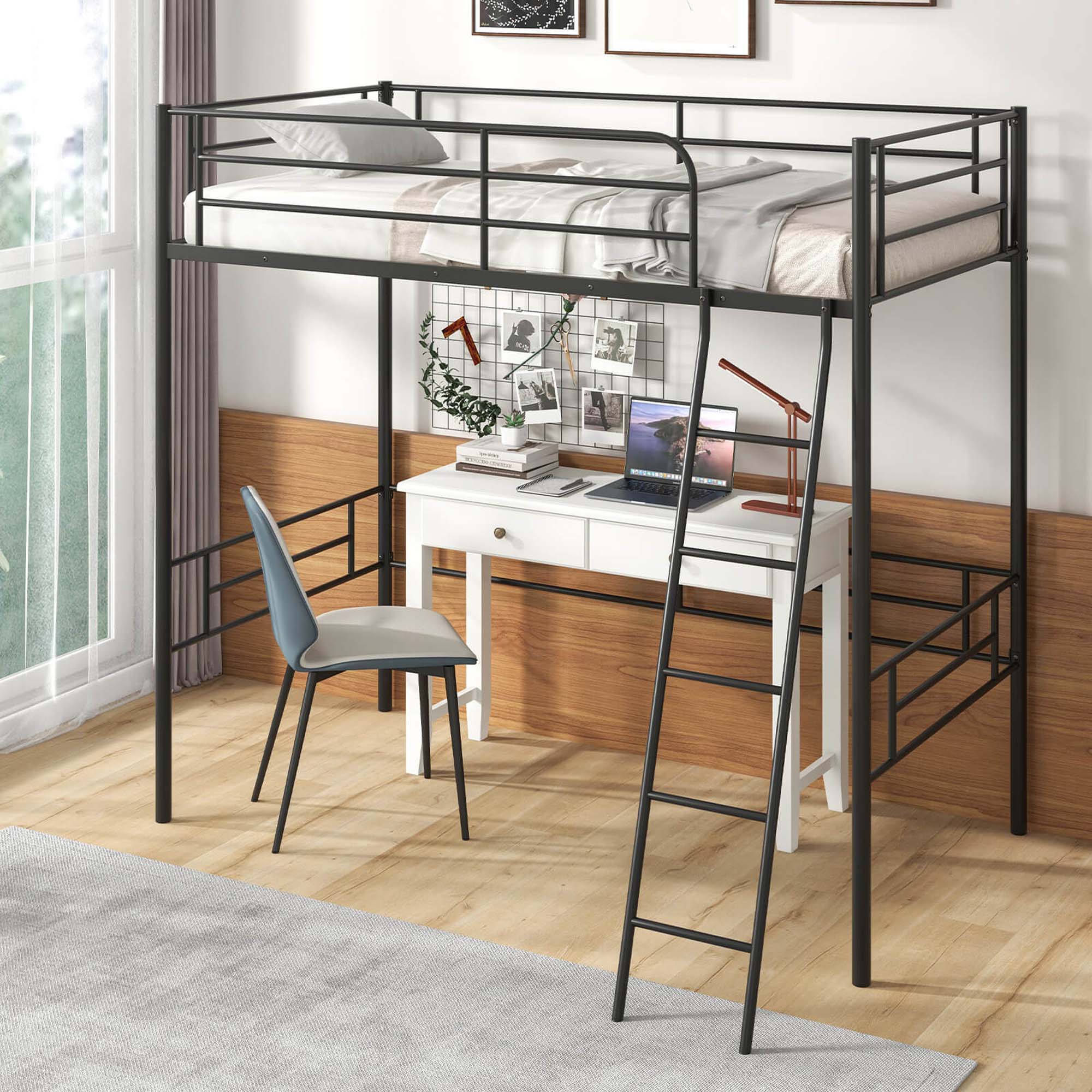 Alt View 1. Costway - Costway Twin Metal Loft Bed Frame with Ladder Loft Bed with Safety Guardrails - Black.
