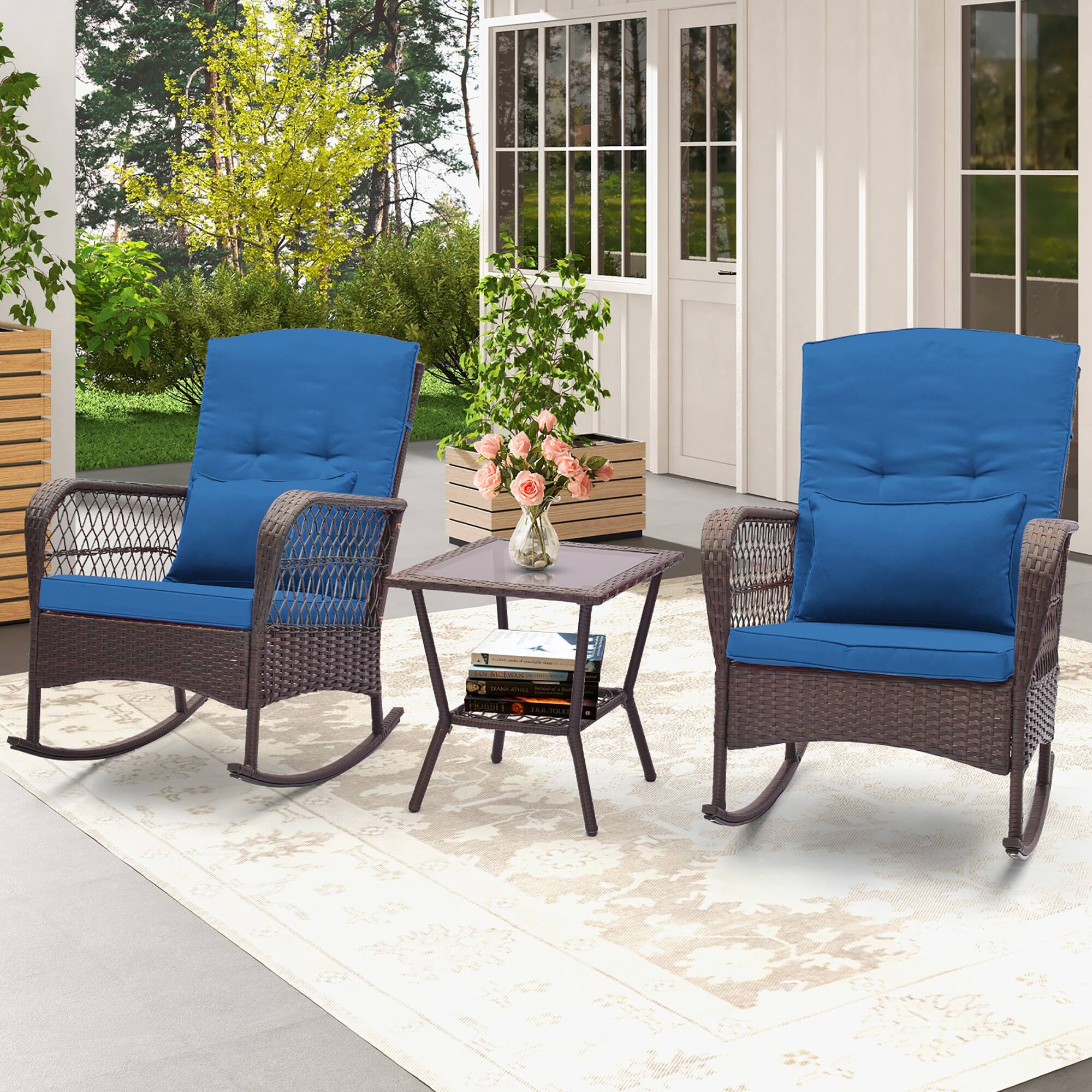 Alt View 1. Gymax - Gymax 3 Pieces Rocking Bistro Set PE Rattan Rocking Chairs w/ 2-Tier Coffee Table Navy - Mix Brown, Navy.