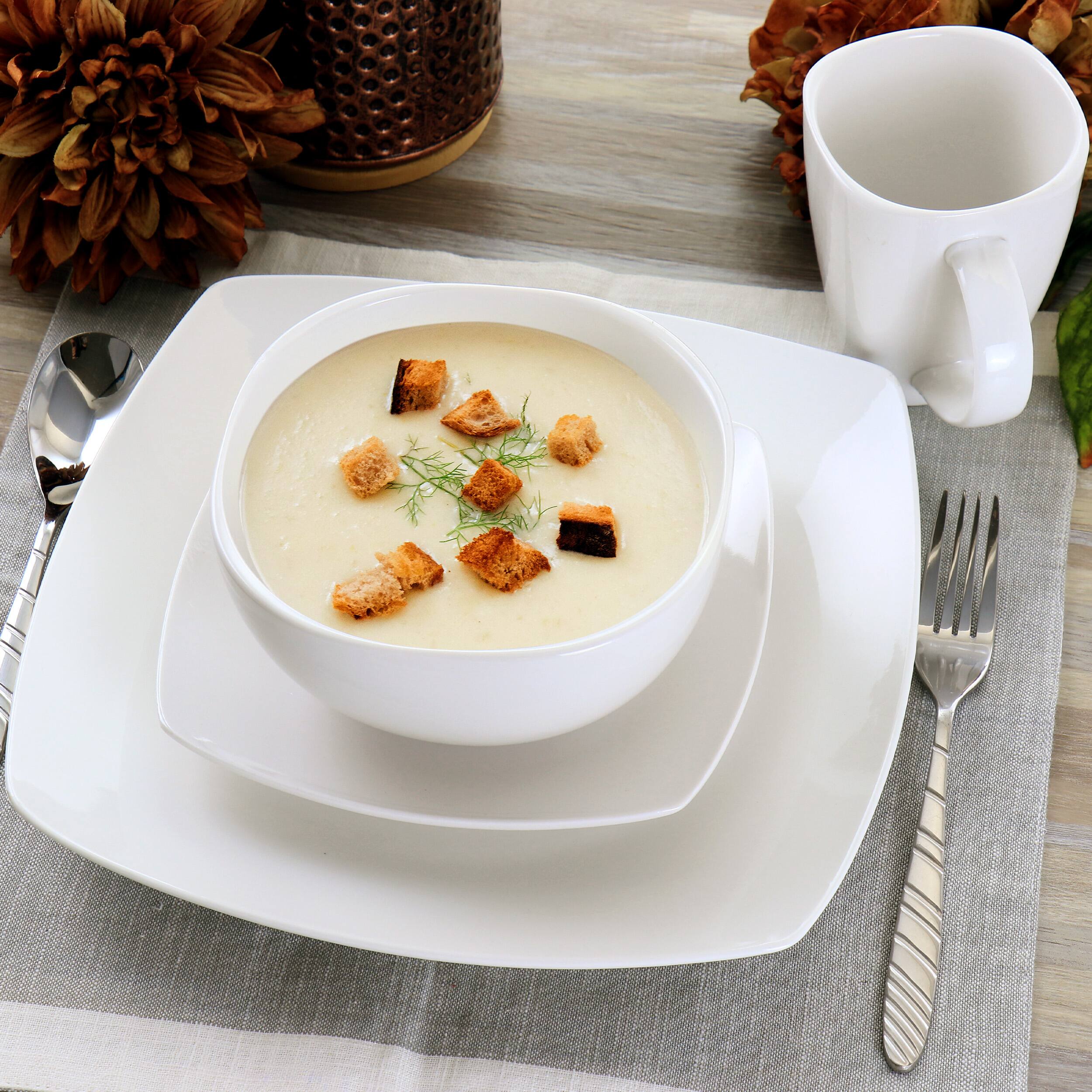 Alt View 9. Gibson - Gibson Elite Soho Lounge 16 Piece Square Fine Ceramic Dinnerware Set in White - White.