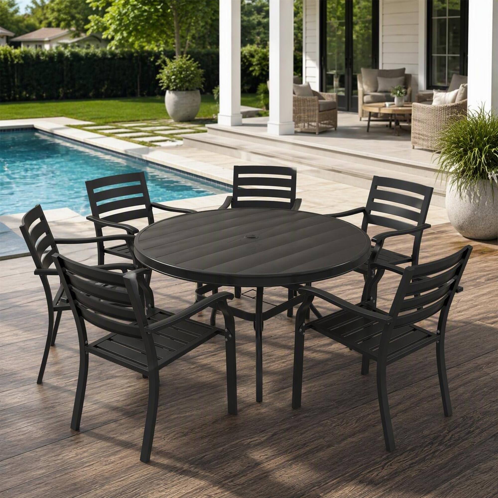 Left. RYHNUYNE - Round Patio Dining Table with Umbrell Hole, Weatherproof Metal Frame,Black Finish for Deck Lawn Garden Backyard - Black.