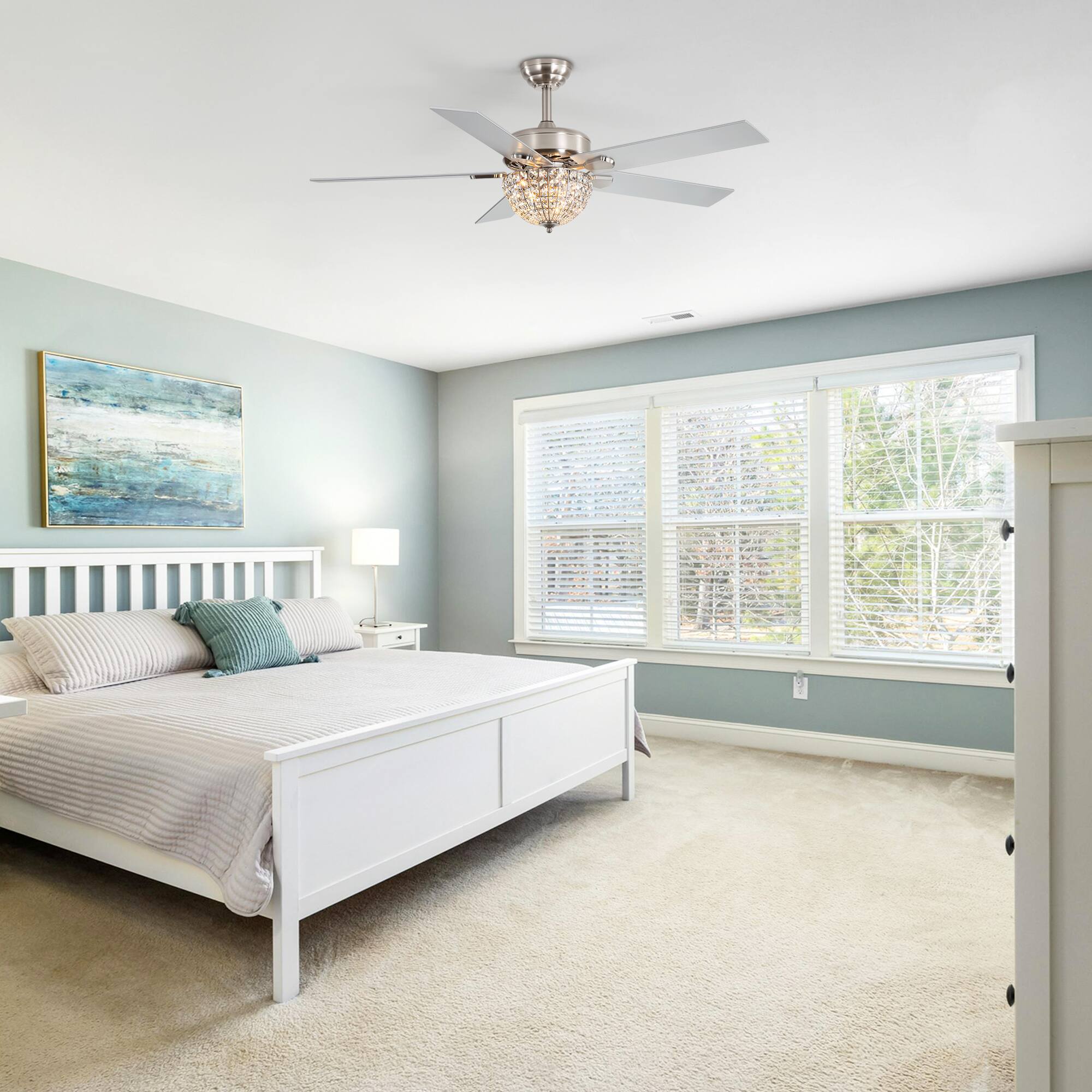 Back. Breezary - 52'' Indoor Ceiling Fan with Crystal-Bead Bowl Light, 5 Reversible Blades, Timer, DC Motor, Remote & 6″ Downrod - Satin Nickel.