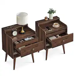 Songmics Home - Nightstands, Set of 2, Bedside Tables with Hidden Drawers, Mid-Century End Side Tables with Solid Wood Legs, for Bedroom - Natural