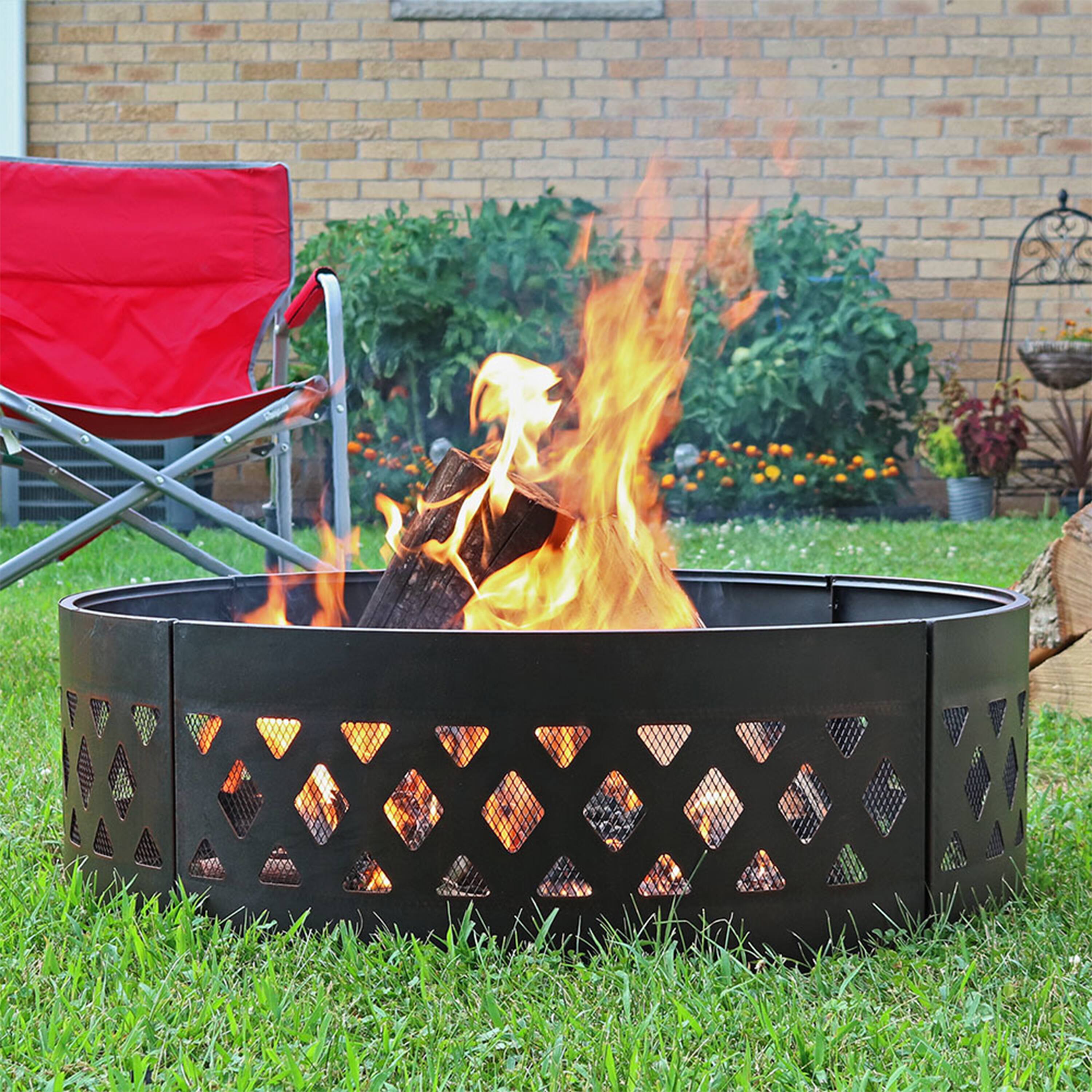 Alt View 7. Sunnydaze - 36 in Crossweave Steel Wood Burning Fire Pit Ring with Poker - Black.
