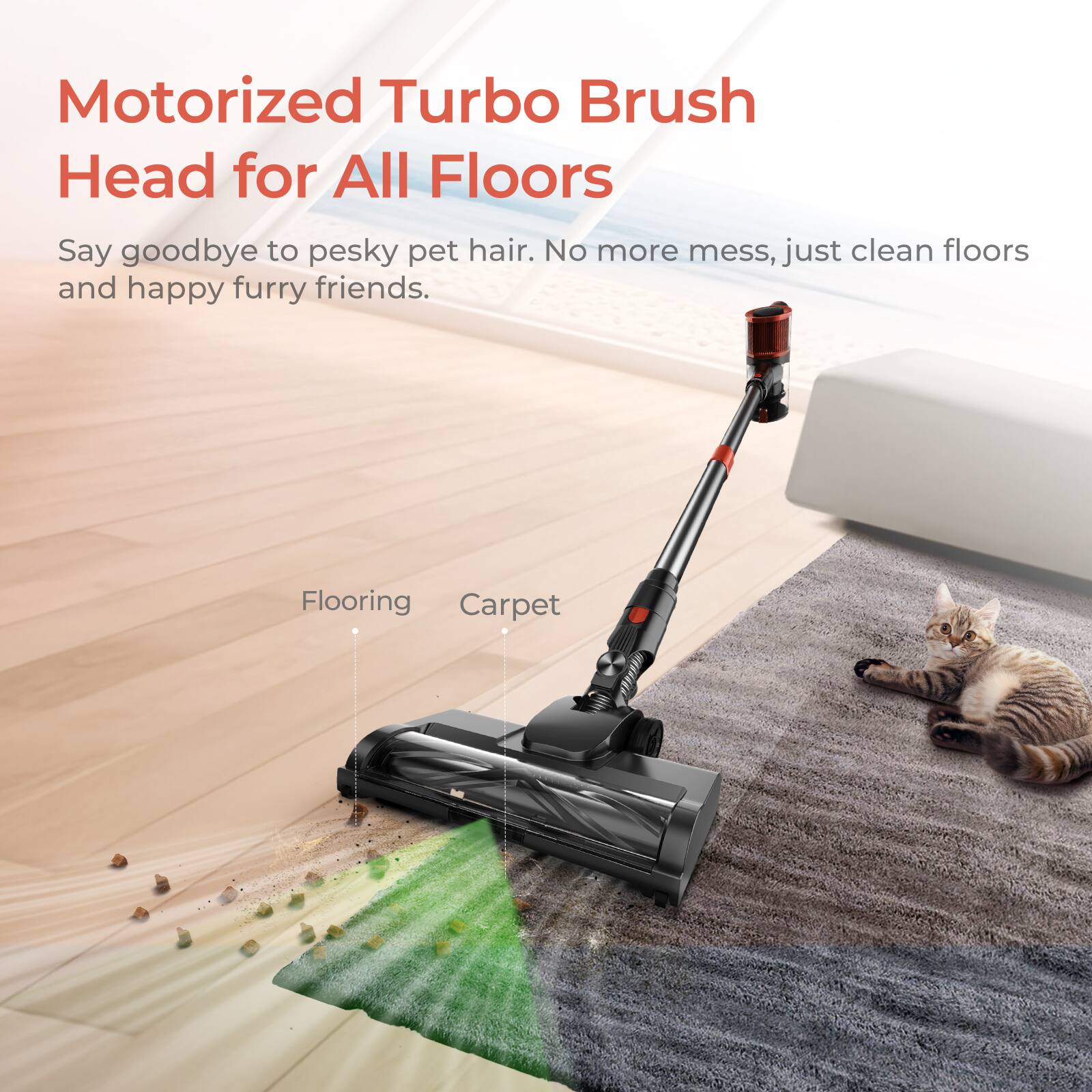 Motorized Turbo Brush Head for All Floors

Say goodbye to pesky pet hair. No more mess, just clean floors and happy furry friends.

Flooring Carpet