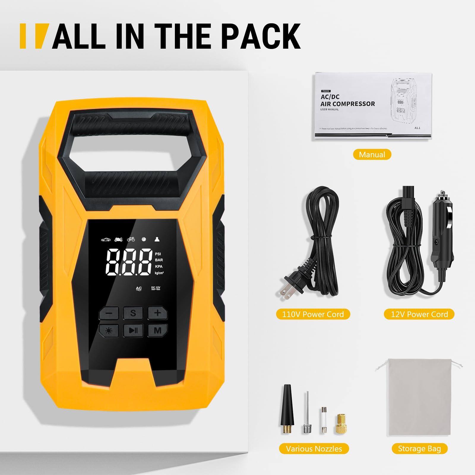 ALL IN THE PACK

AC/DC AIR COMPRESSOR

- Manual
- 110V Power Cord
- 12V Power Cord
- Various Nozzles
- Storage Bag