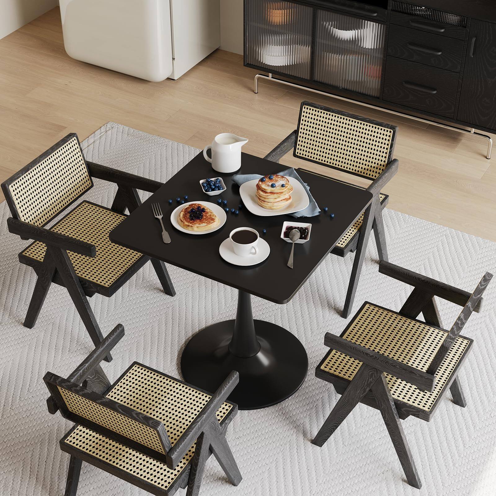 Back. MAGICAL RUBS - 24" Black Small Dining Table For 2 Or 4  Square Tulip Kitchen Round Corner Wood Bistro Mid Century Modern Tables - Black Round.