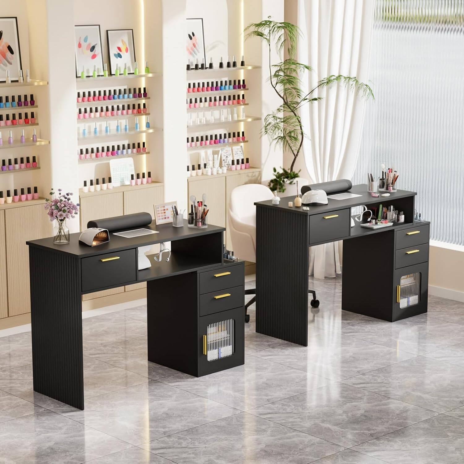 Alt View 3. Winado - Professional Manicure Table Nail Desk with Electric Dust Collector & Fluted Glass Display Cabinet & Padded Wrist Cushion - Black.