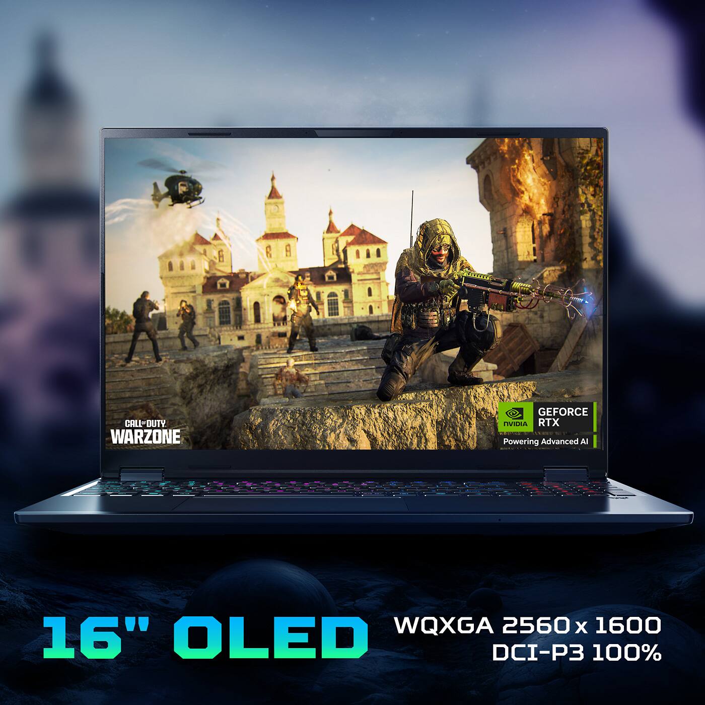 The text on the image reads: "Call of Duty Warzone GeForce RTX Powering Advanced AI WQXGA 2560 x 1600 16" OLED DCI-P3 100%."
