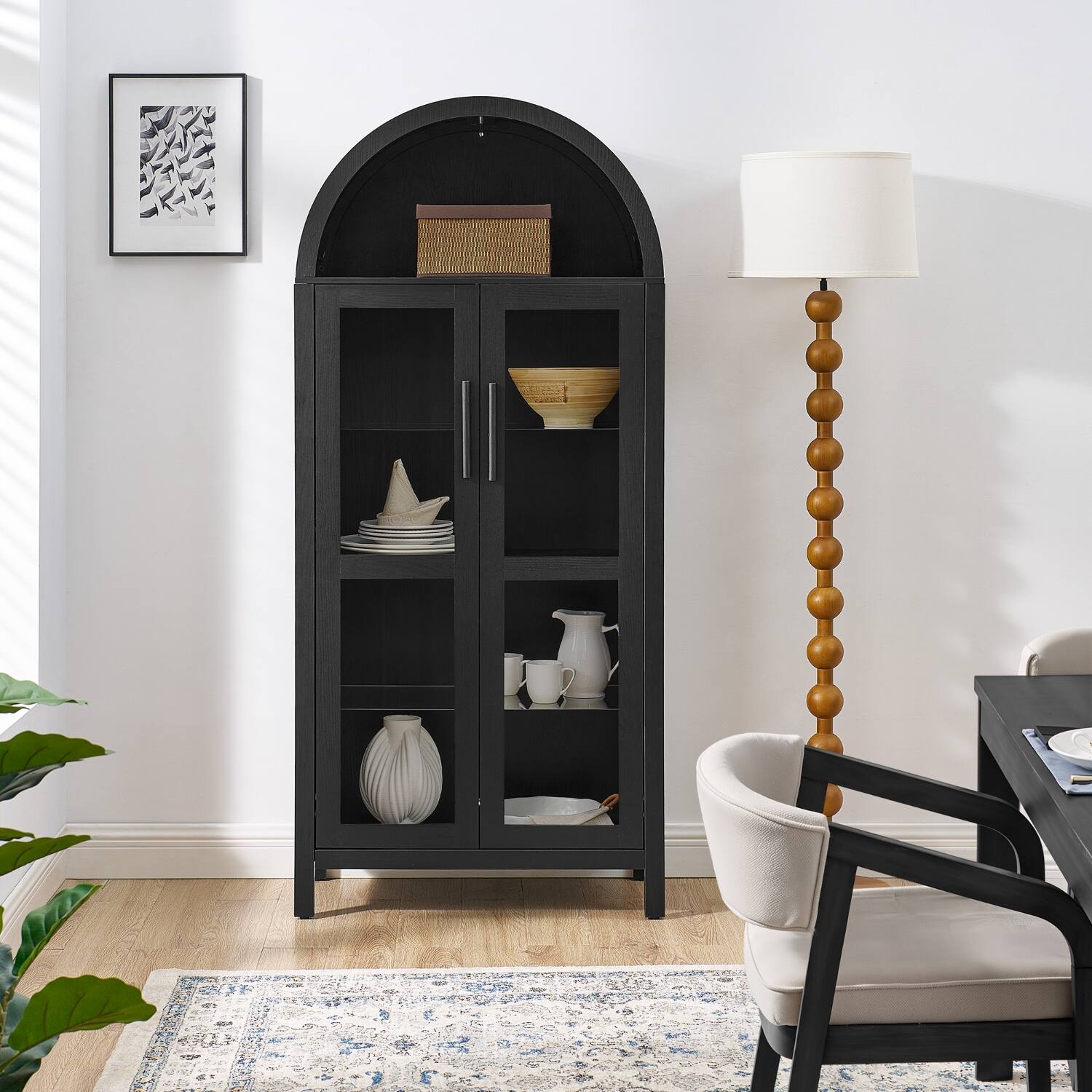 Back. Lirago - Black Arched Accent Cabinet with Doors Adjustable Glass Partitions 15.5"D x 30"W x 67"H - Black.