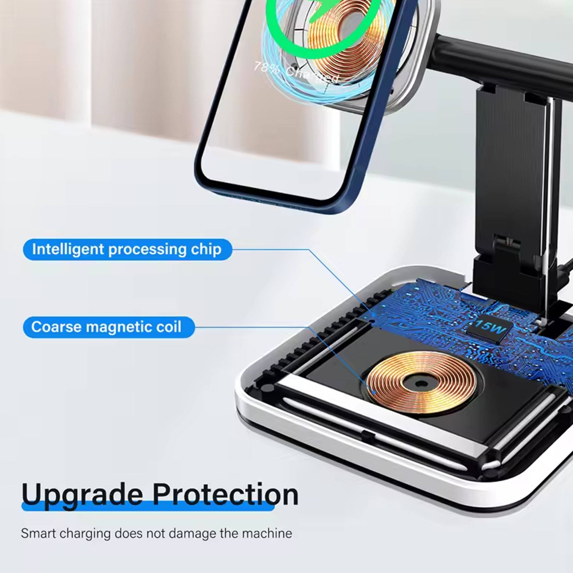 78% Of Charged

Intelligent processing chip
Coarse magnetic coil

Upgrade Protection
Smart charging does not damage the machine