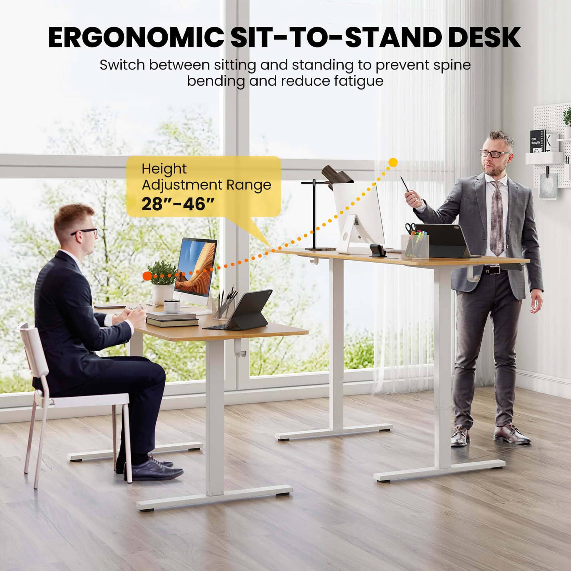 ERGONOMIC SIT-TO-STAND DESK  
Switch between sitting and standing to prevent spine bending and reduce fatigue  

Height Adjustment Range  
28"–46"