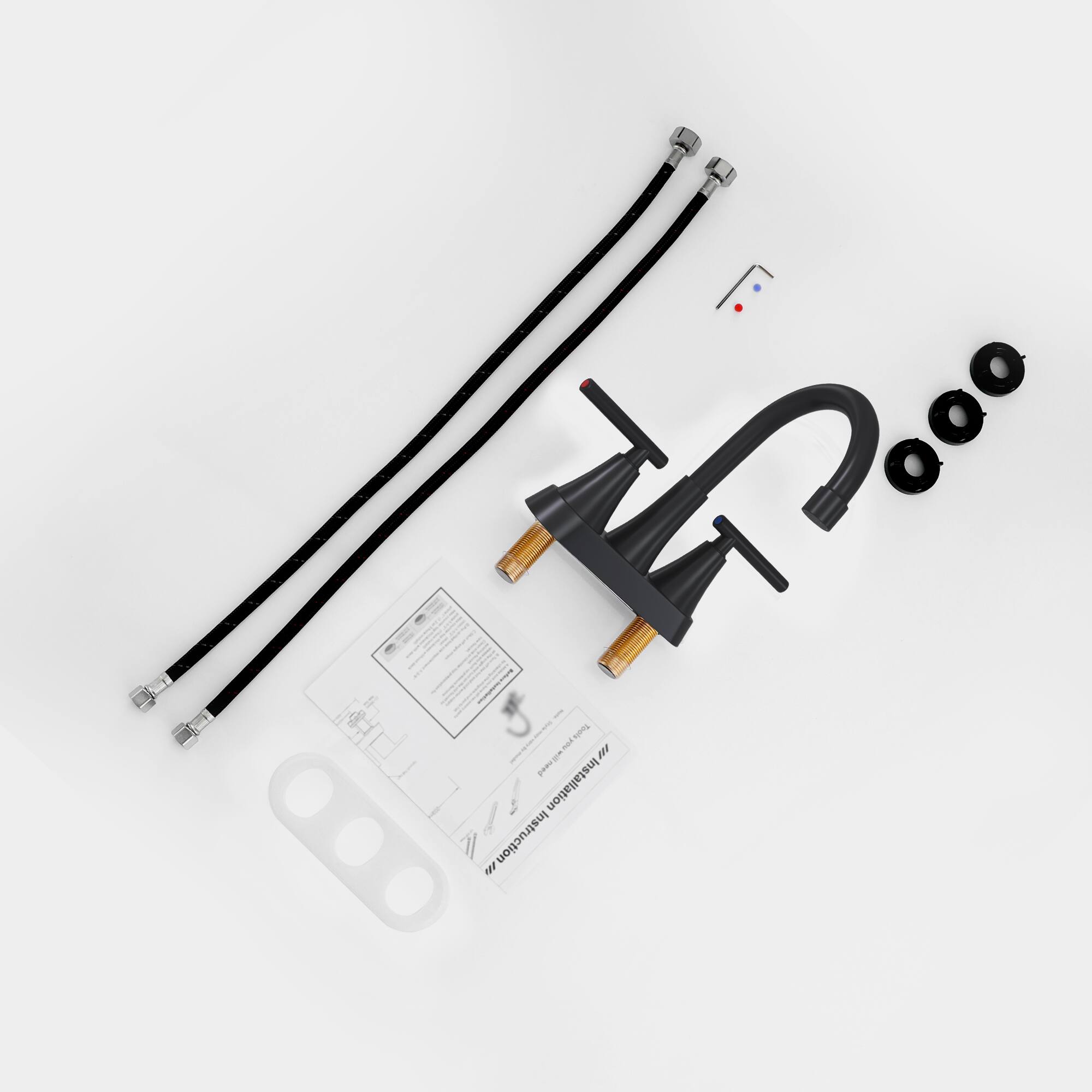 Sure, here is the corrected and grouped text:

---

**Installation Instructions**

1. **Components Included:**
   - 2 x Black hoses
   - 1 x Black faucet
   - 1 x White plastic piece
   - 3 x Black washers
   - 1 x Small red and blue valve

2. **Assembly Steps:**
   - Attach the hoses to the faucet using the washers.
   - Connect the faucet to the water supply.
   - Install the small red and blue valve as needed.

3. **Additional Information:**
   - Follow the diagram for proper installation.
   - Ensure all connections are secure to prevent leaks.

---

**Note:** The text is grouped based on the components and steps typically found in installation instructions.