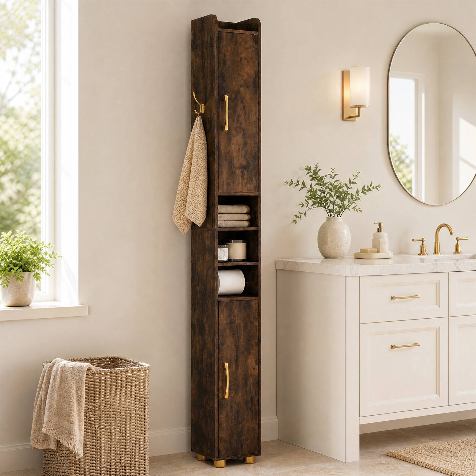 Alt View 3. Costway - Costway 1 PCS 69.5" Narrow Bathroom Cabinet with 2 Doors & Adjustable Shelves for Small Spaces - Rustic Brown.