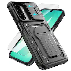 Front. Dteck - Rugged Stand Case for Samsung Galaxy A26 5G,Shockproof Heavy Duty Cover With Sliding Lens Cover+Tempered Glass Flim - Black.