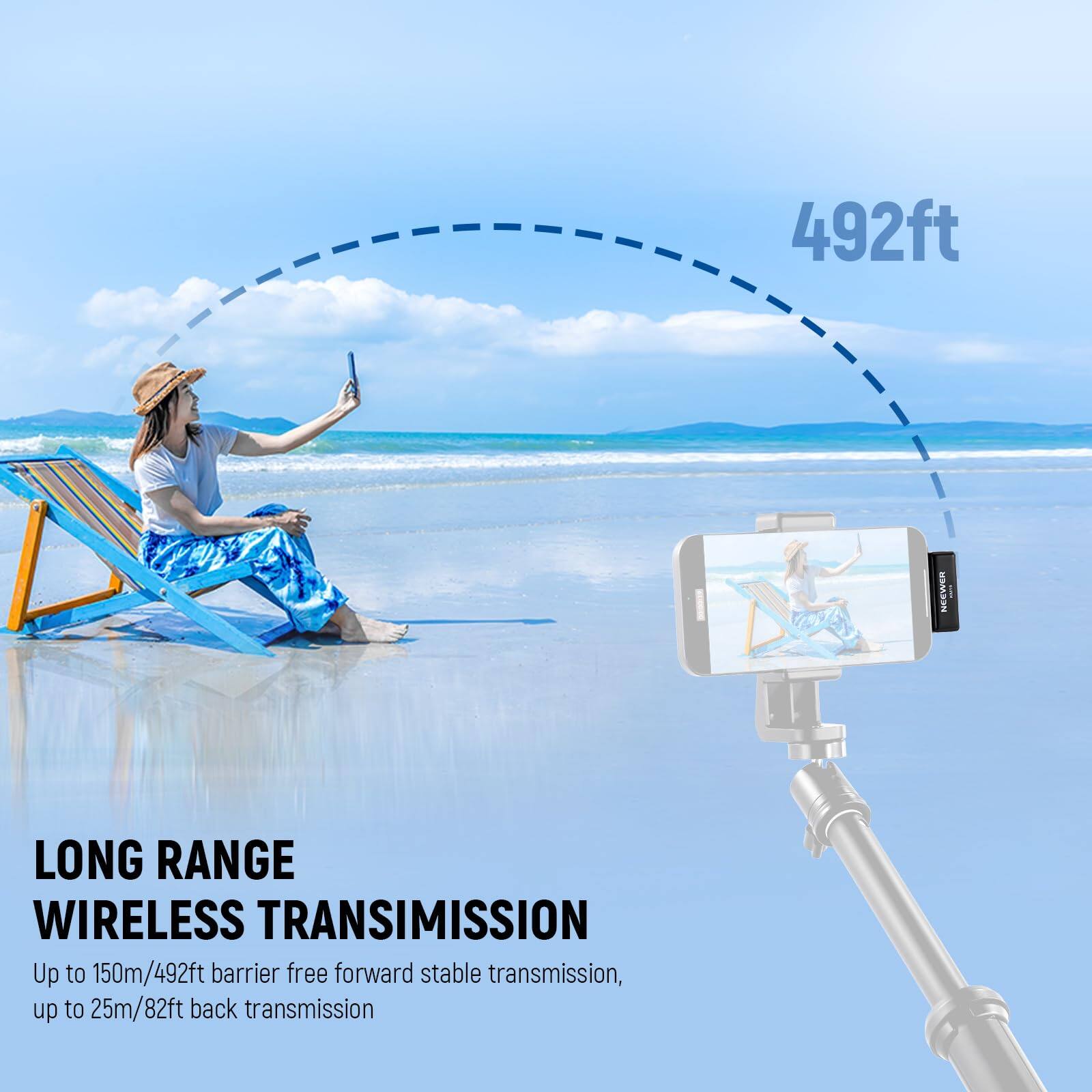 492ft NCEWER LONG RANGE WIRELESS TRANSMISSION  
Up to 150m/492ft barrier free forward stable transmission, up to 25m/82ft back transmission