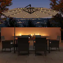 Mondawe - 10 FT Solar Offset Hanging Umbrella with Base and 32 LED Lights - Taupe