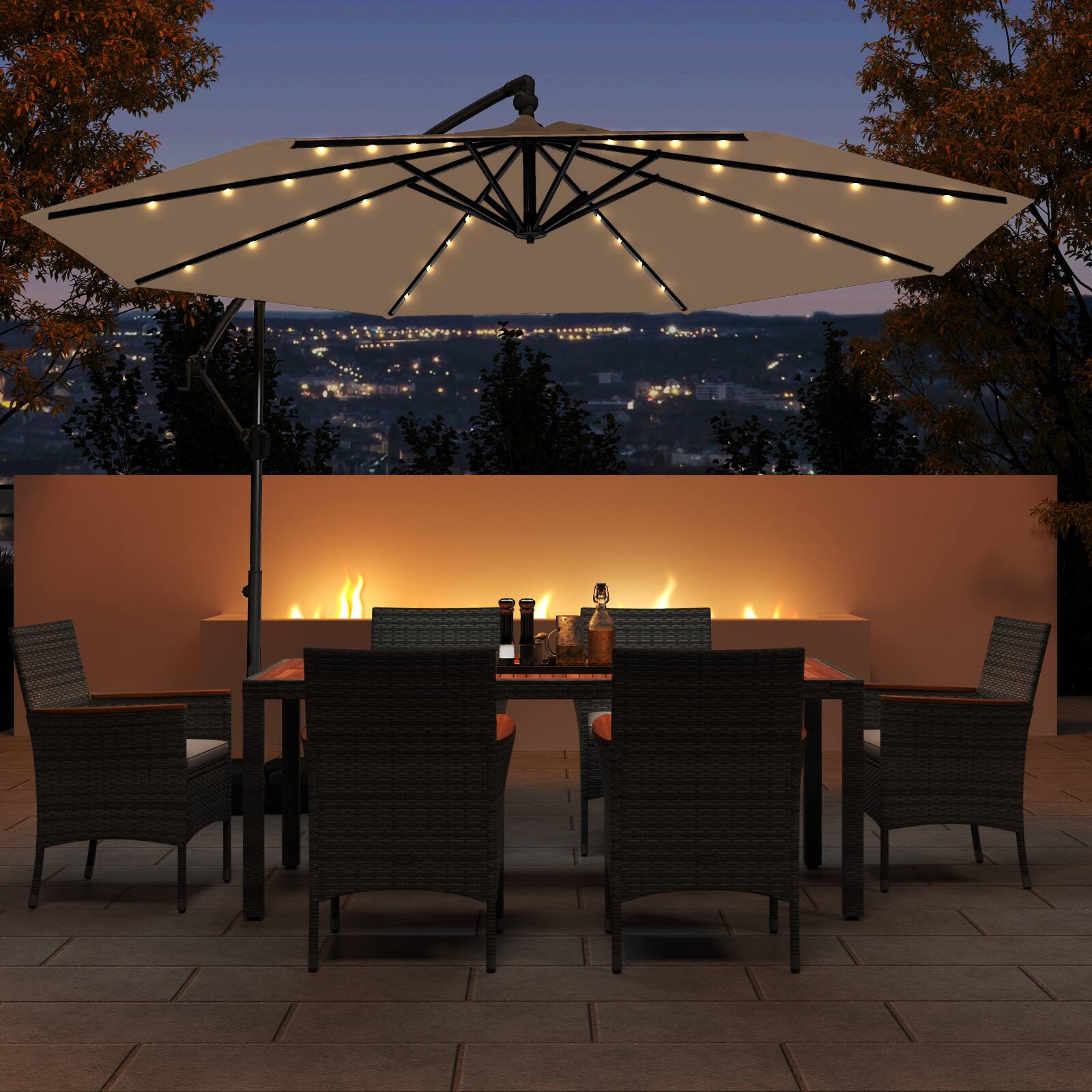Front. SlickBlue - 10 Feet Solar Offset Hanging Umbrella with Base and 32 LED Lights-Taupe - Taupe.