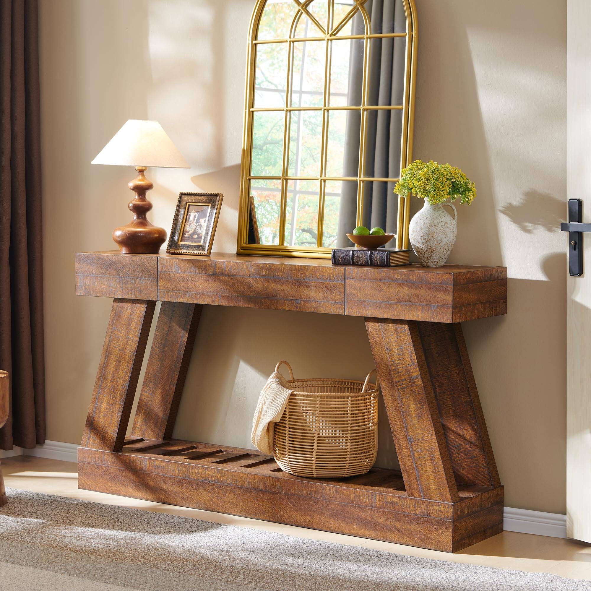 Front. OMOMMD - 60" Farmhouse Console Table with Drawer, Narrow Long Entryway Sofa Table - Reclaimed Barnwood.