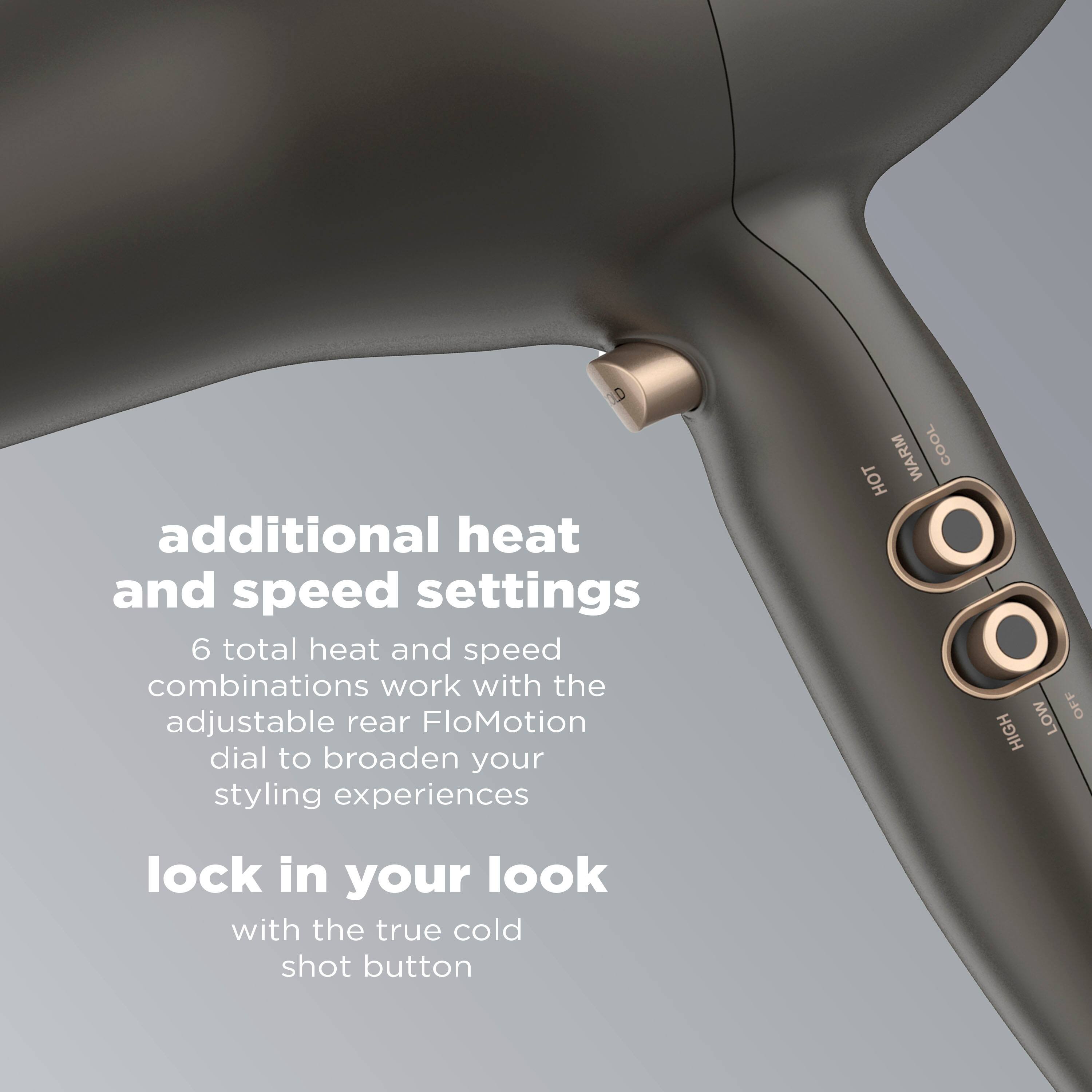 The image features a hair dryer with a control panel that offers 10 additional heat and speed settings. These settings work in combination with the adjustable rear FloMotion dial to provide a variety of styling experiences. The hair dryer also has a "lock in your look" button, which helps to maintain the desired style.