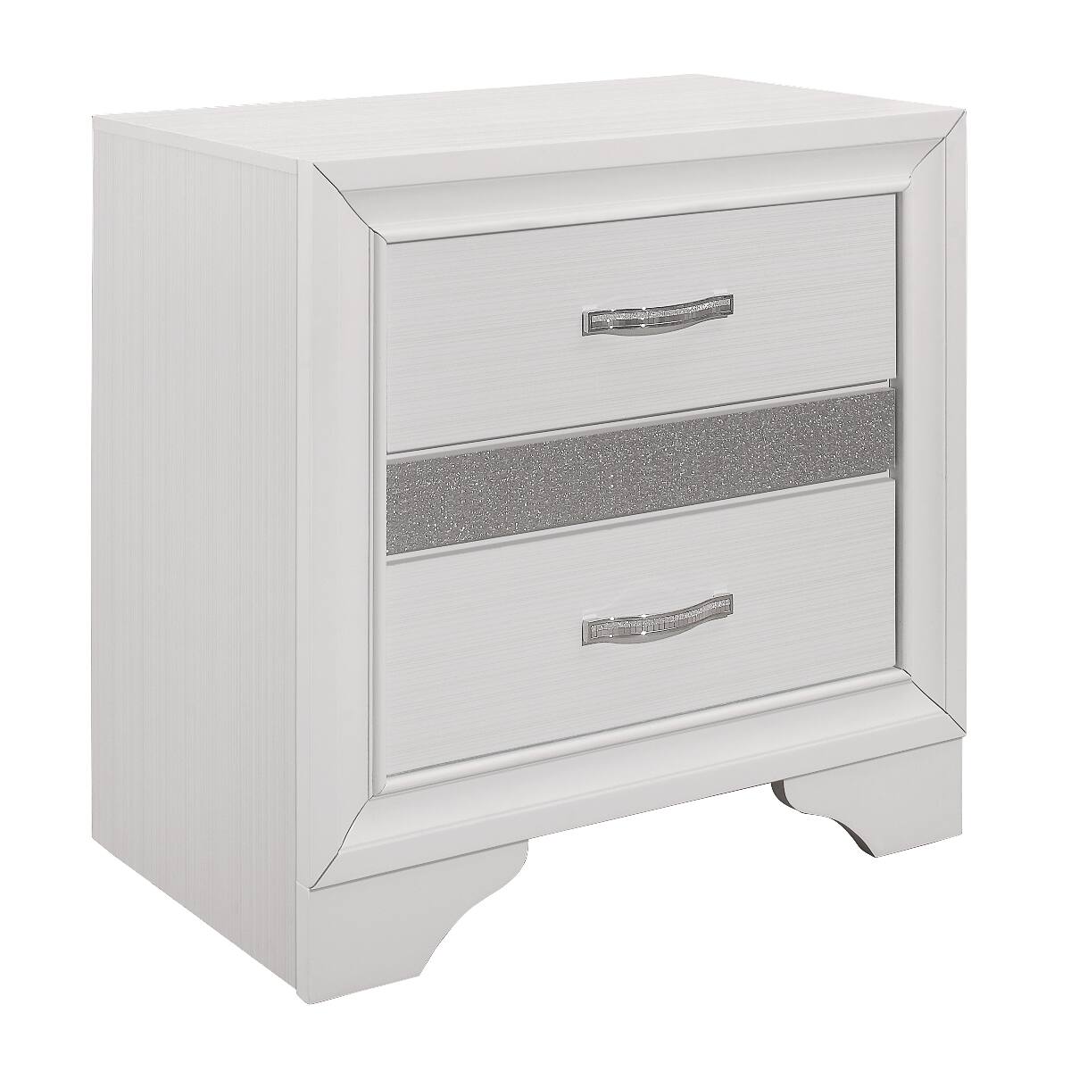 Left. Loheer - Loheer White Nightstand with Drawers, Hidden Jewelry Storage, Silver Glitter Finish - White and Silver Glitter.