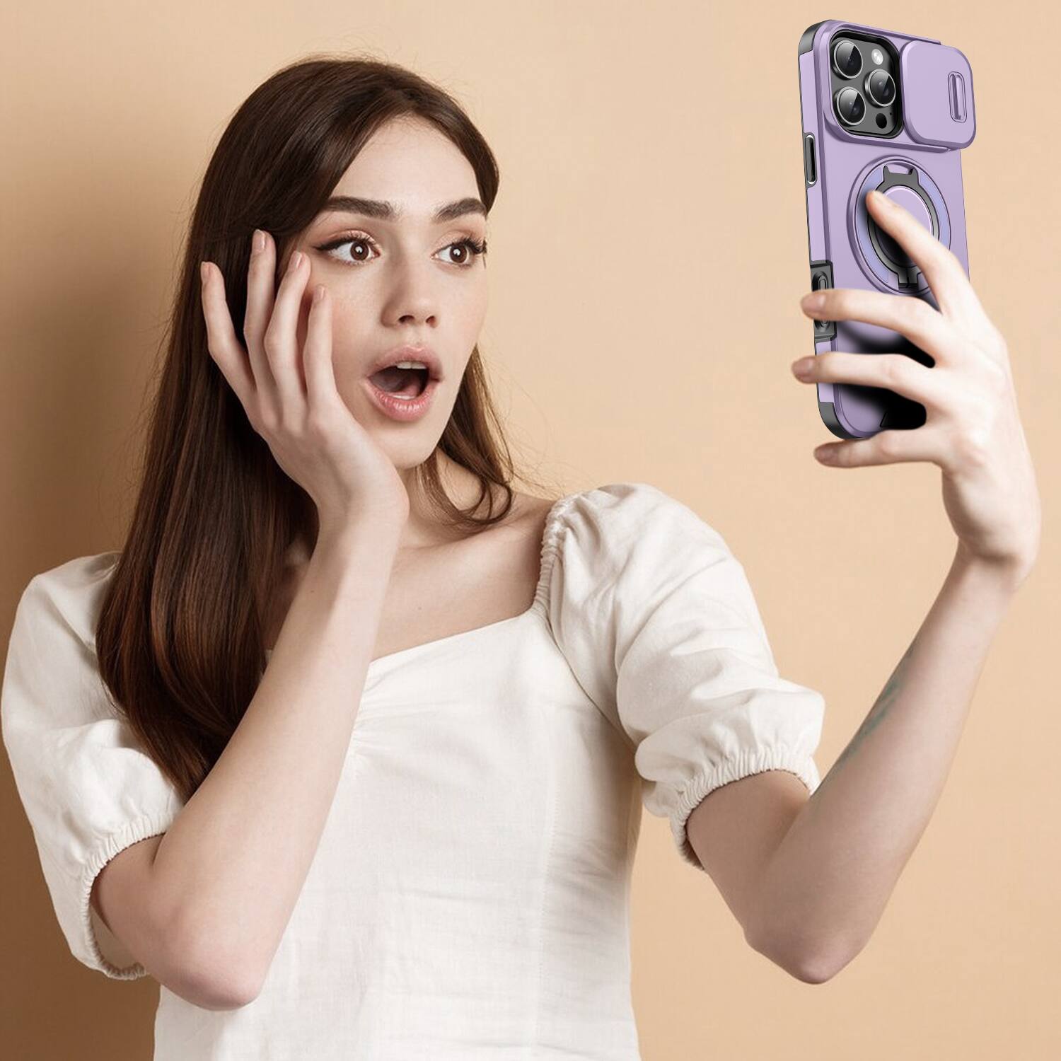 Alt View 6. UUCOVER - Magnetic Case with Slide Camera Lens Cover & 360° Ring Stand for Apple iPhone 16 Pro Max - Drop Protection Phone Cover - Purple.