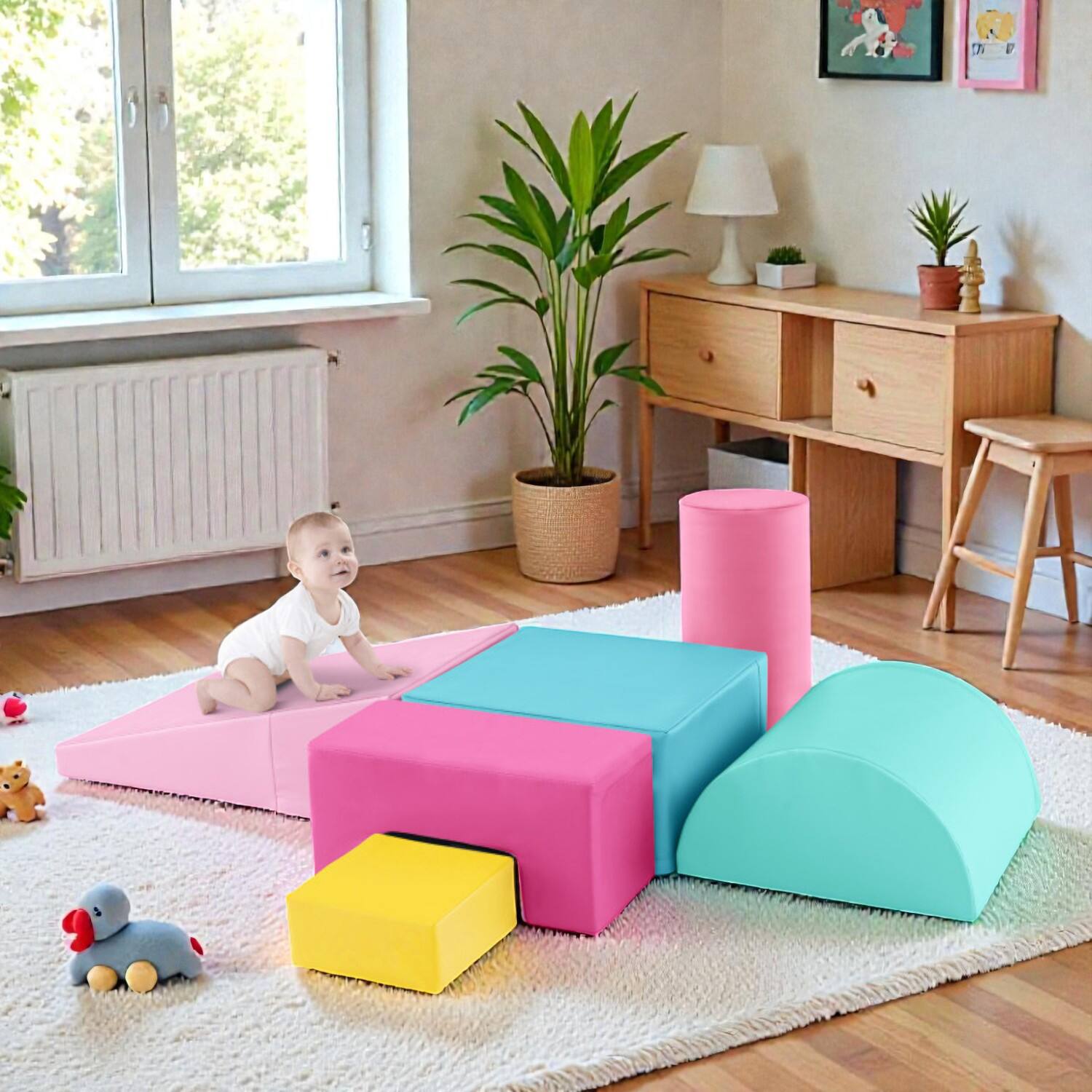 Front. BreeBe - 6-Piece Indoor Foam Climbing and Crawling Play Set with Rectangular Blocks - Pink.