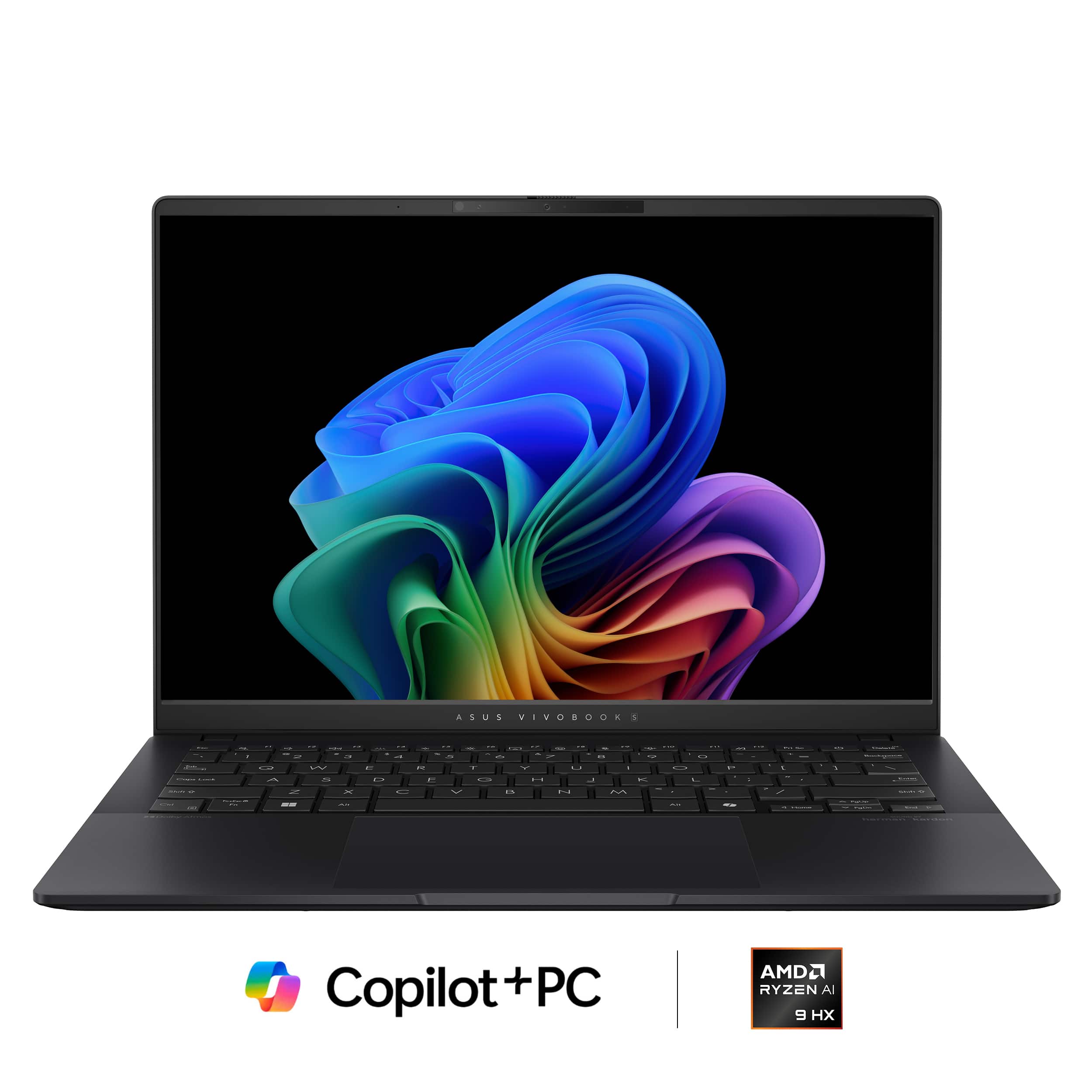 The image features a laptop computer with a vibrant display of colors and a cloud-like design. The laptop is advertised as being powered by an AMD Ryzen 9 3900X processor, which is a high-performance processor. The laptop is also equipped with a Copilot+PC, which is likely a software or service that enhances the user experience. The image showcases the laptop's sleek design and visually appealing display, making it an attractive option for users looking for a powerful and stylish device.