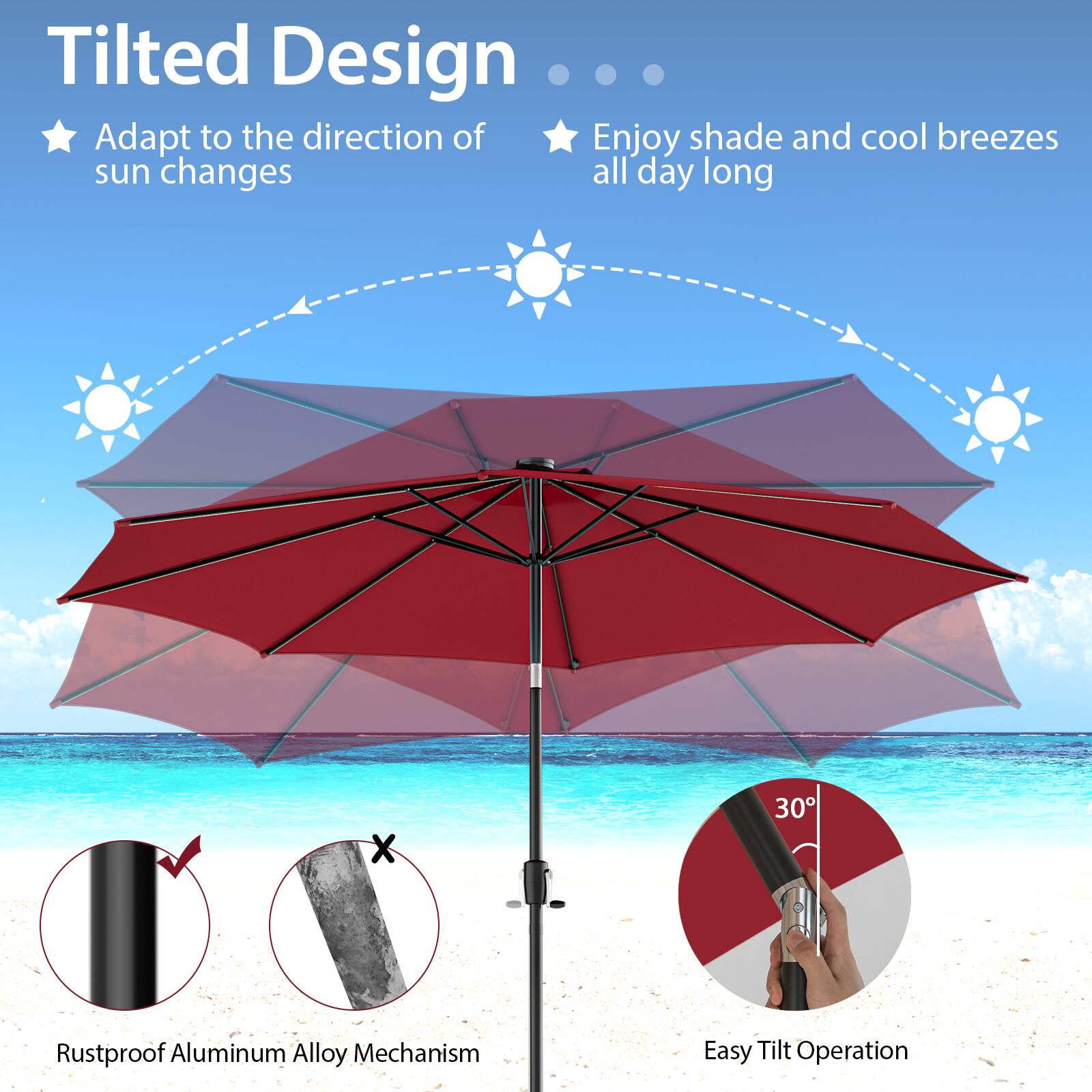 Tilted Design Adapt to the direction of sun changes all day long X 30 Rustproof Aluminum Alloy Mechanism Easy Tilt Operation