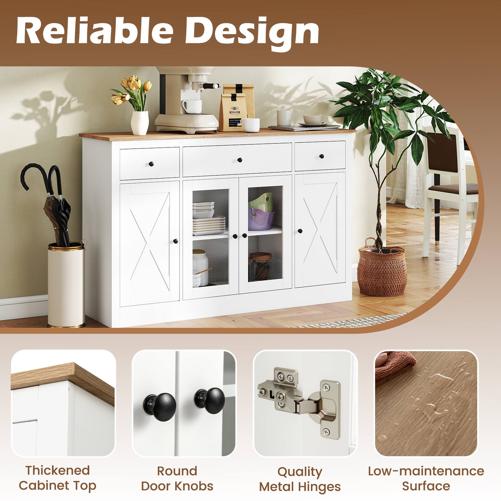 Reliable Design

- Thickened Cabinet Top
- Round Door Knobs
- Quality Metal Hinges
- Low-maintenance Surface