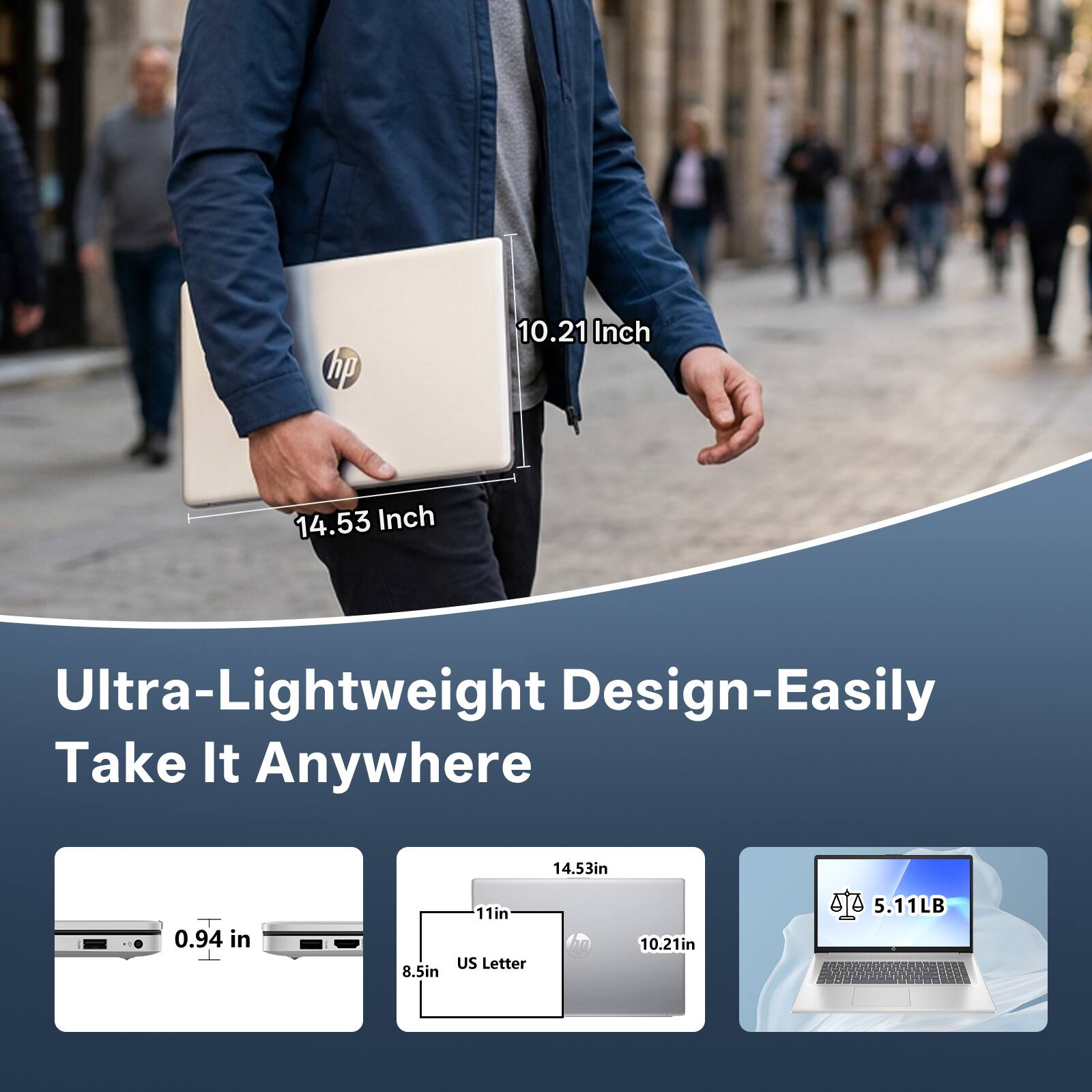 hp 10.21 Inch 14.53 Inch Ultra-Lightweight Design-Easily Take It Anywhere  
0.94 in  
8.5in 14.53in 11in 10.21in US Letter  
5.11LB