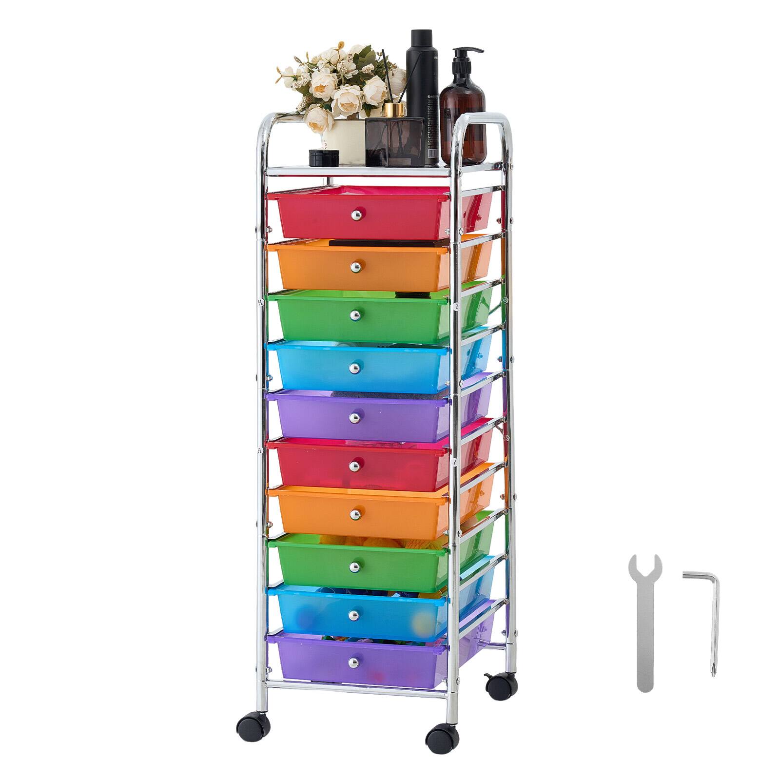 Alt View 5. VEVOR - Rolling Cart with Drawers,10 Drawer Storage Organizer,Mobile Utility Cart with Steel Frame, Universal Casters & 2 Brakes - Green, Orange, Blue, Purple, Red.