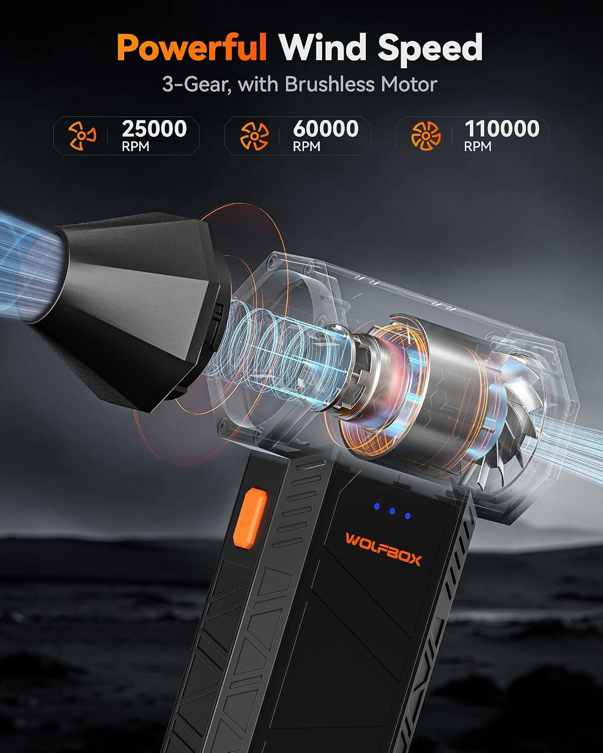 Powerful Wind Speed  
3-Gear, with Brushless Motor  
25000 RPM  
60000 RPM  
110000 RPM  
WOLFBOX