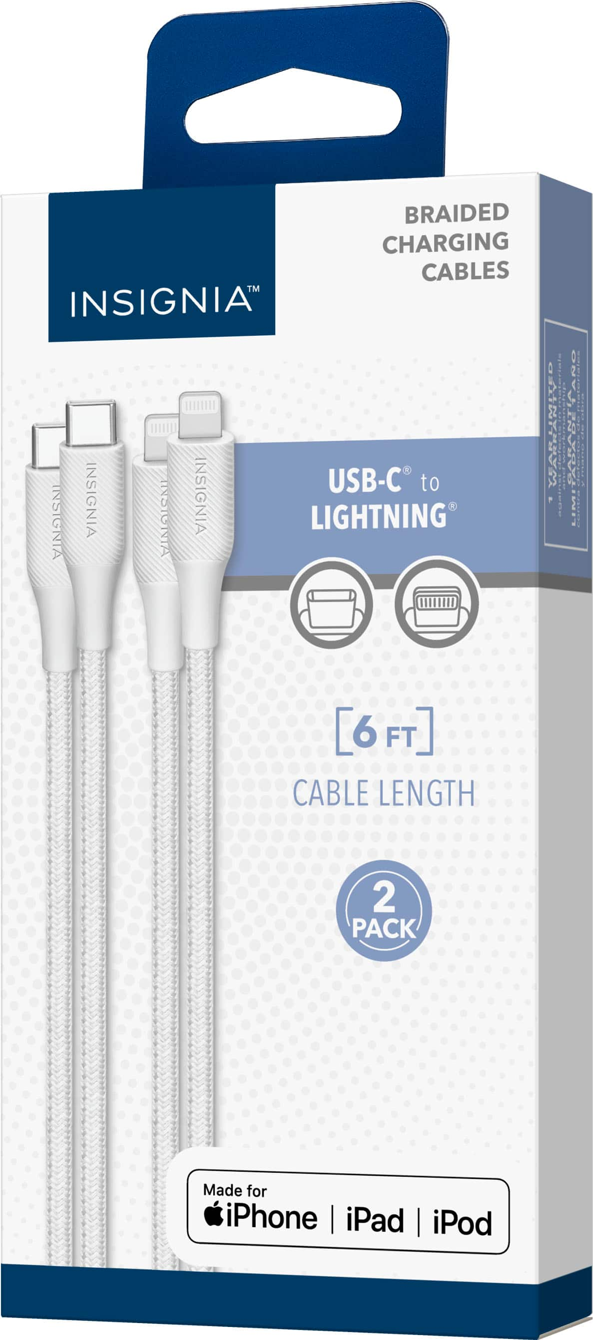 Insignia™ 6' Lightning to USB-C Braided Charge-and-Sync Cable (2 Pack ...