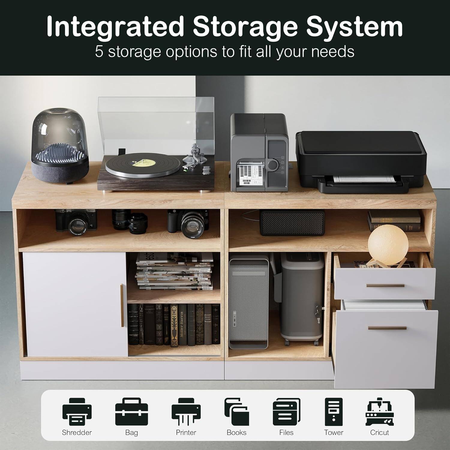 Integrated Storage System  
5 storage options to fit all your needs  

- Shredder  
- Bag  
- Printer  
- Books  
- Files  
- Tower  
- Cricut
