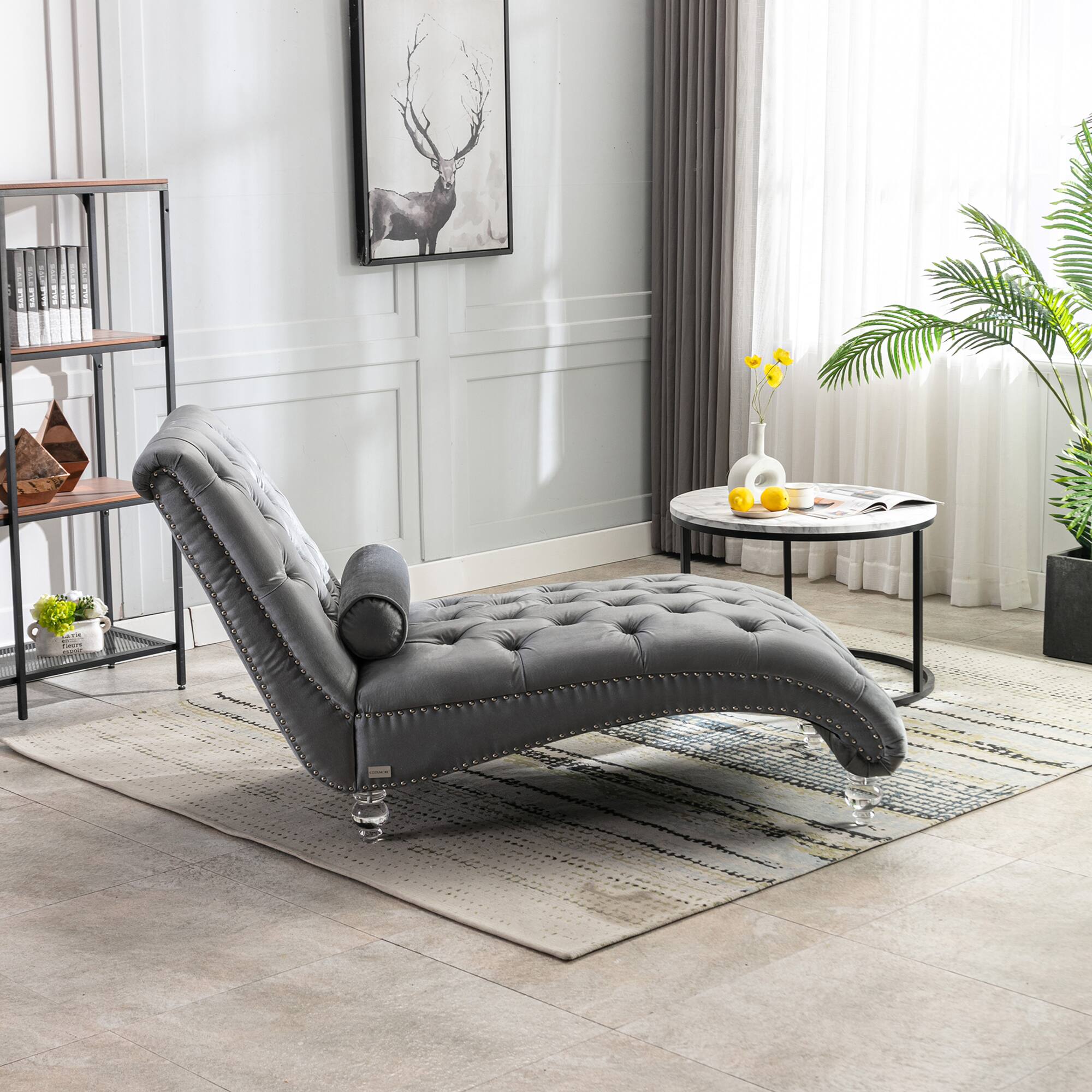 Left. Trinkets Crazed - Velvet Indoor Chaise Lounge Chair with Toss Pillow, Upholstered Modern Tufted Button Lounge Chair with Acrylic Legs - Silver.