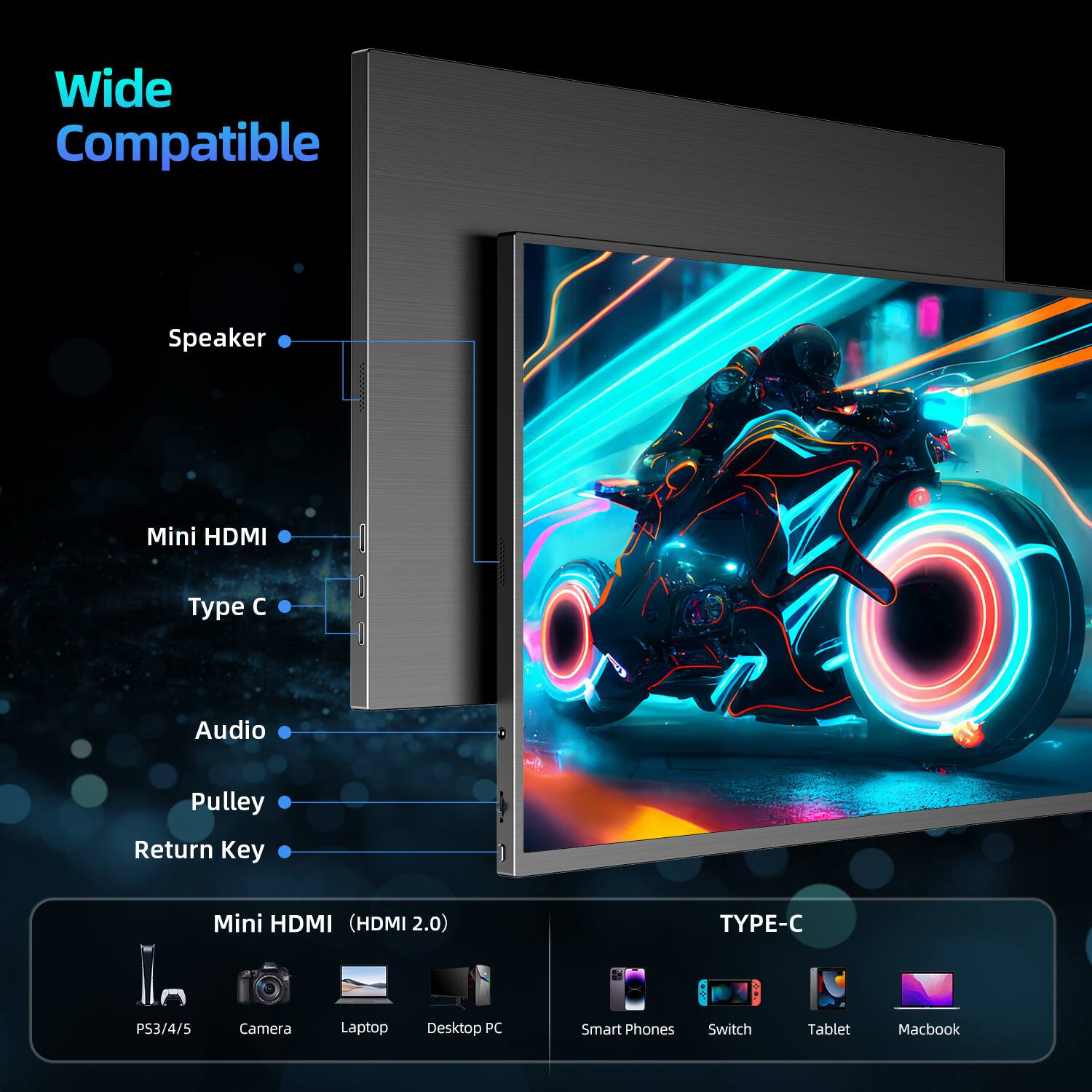 Wide Compatible Speaker Mini HDMI Type C Audio Pulley Return Key Mini HDMI (HDMI 2.0) TYPE-C PS3/4/5 Camera Laptop Desktop PC Smart Phones Switch Tablet Macbook