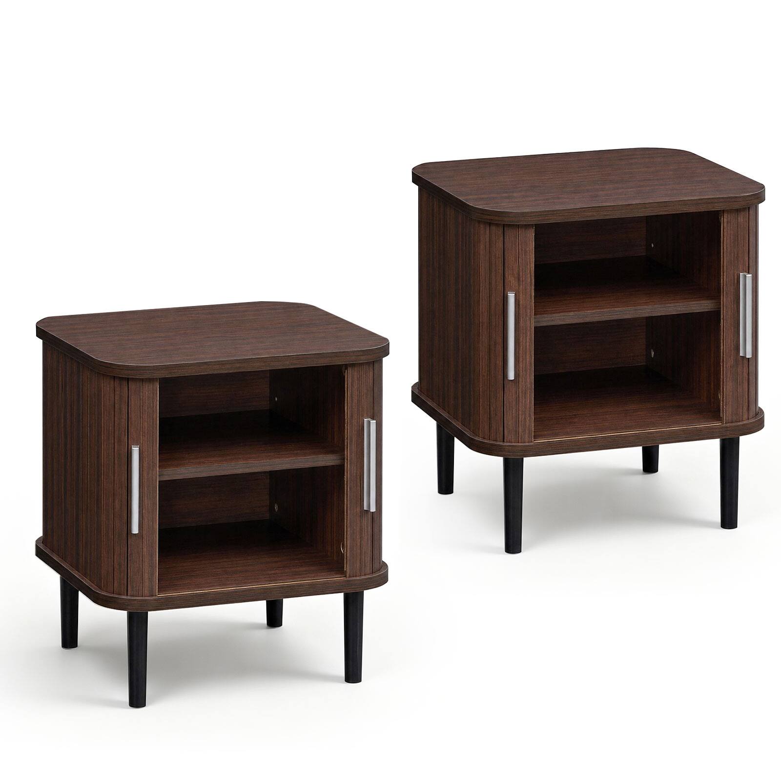 Alt View 9. Costway - Costway 2 PCS Fluted Nightstand with Sliding Doors, Adjustable Shelf for Living Room - Walnut.
