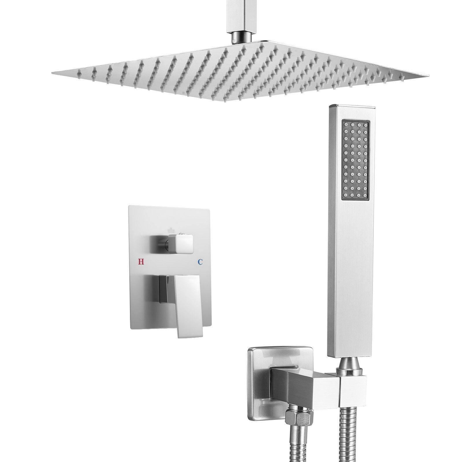 Alt View 9. Glintex - Shower Faucet Set, 12 in Square Rain Shower System with Handheld, Ceiling Mount Shower Valve and Trim Kit - Brushed Nickel.