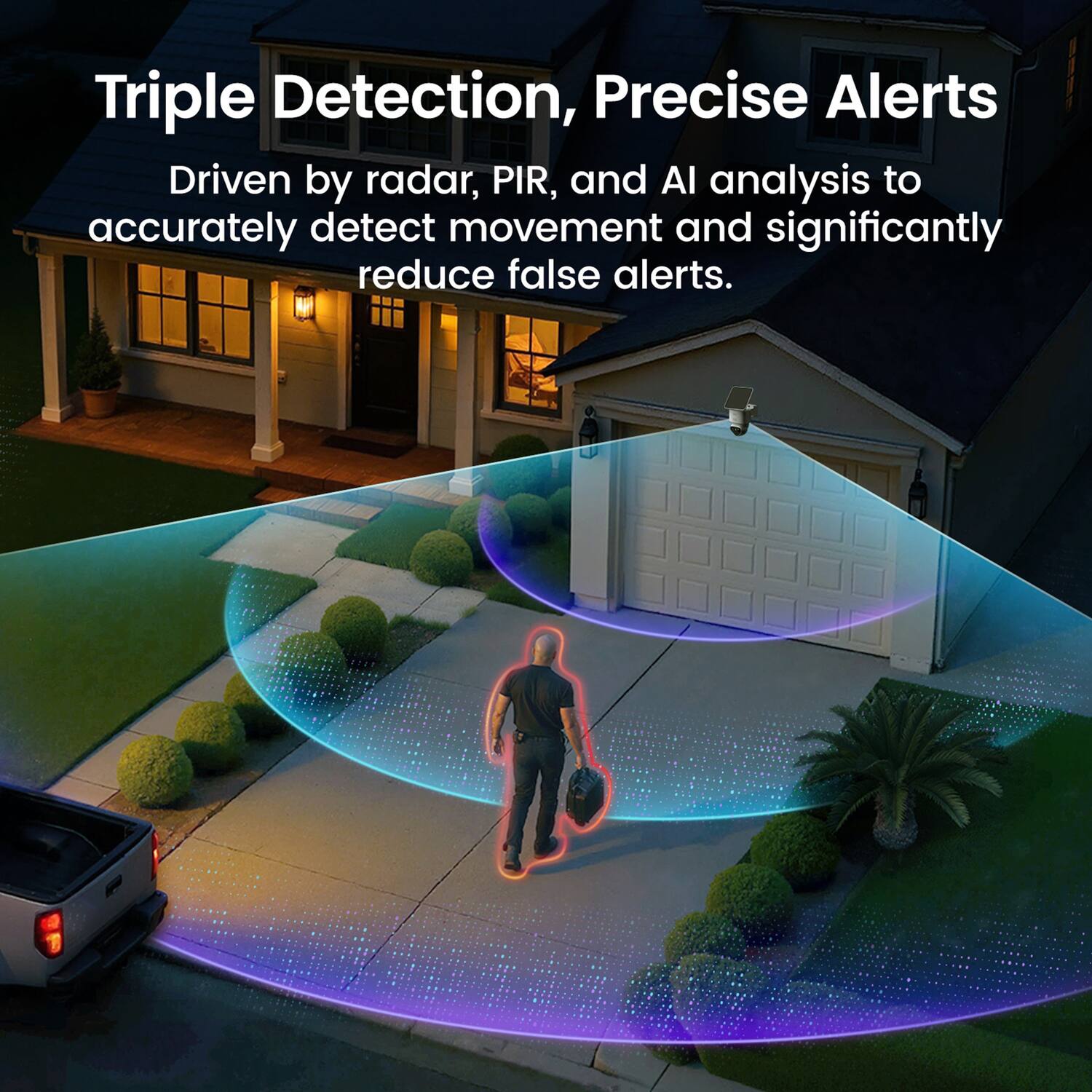 Triple Detection, Precise Alerts  
Driven by radar, PIR, and AI analysis to accurately detect movement and significantly reduce false alerts.