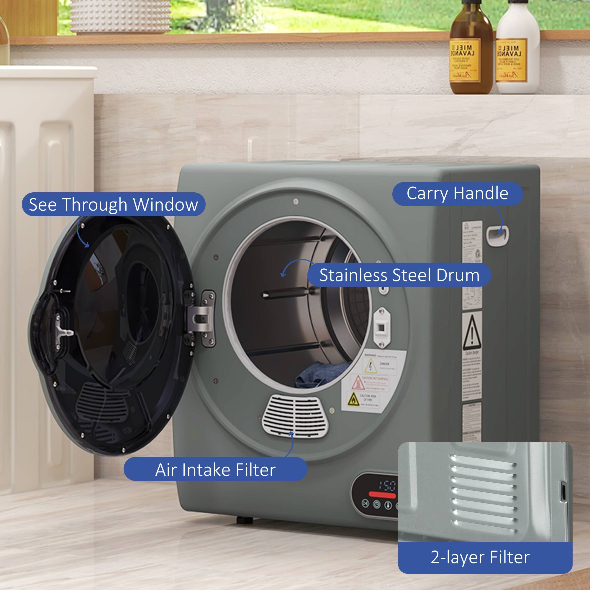 - See Through Window
- Carry Handle
- Stainless Steel Drum
- Air Intake Filter
- 2-layer Filter